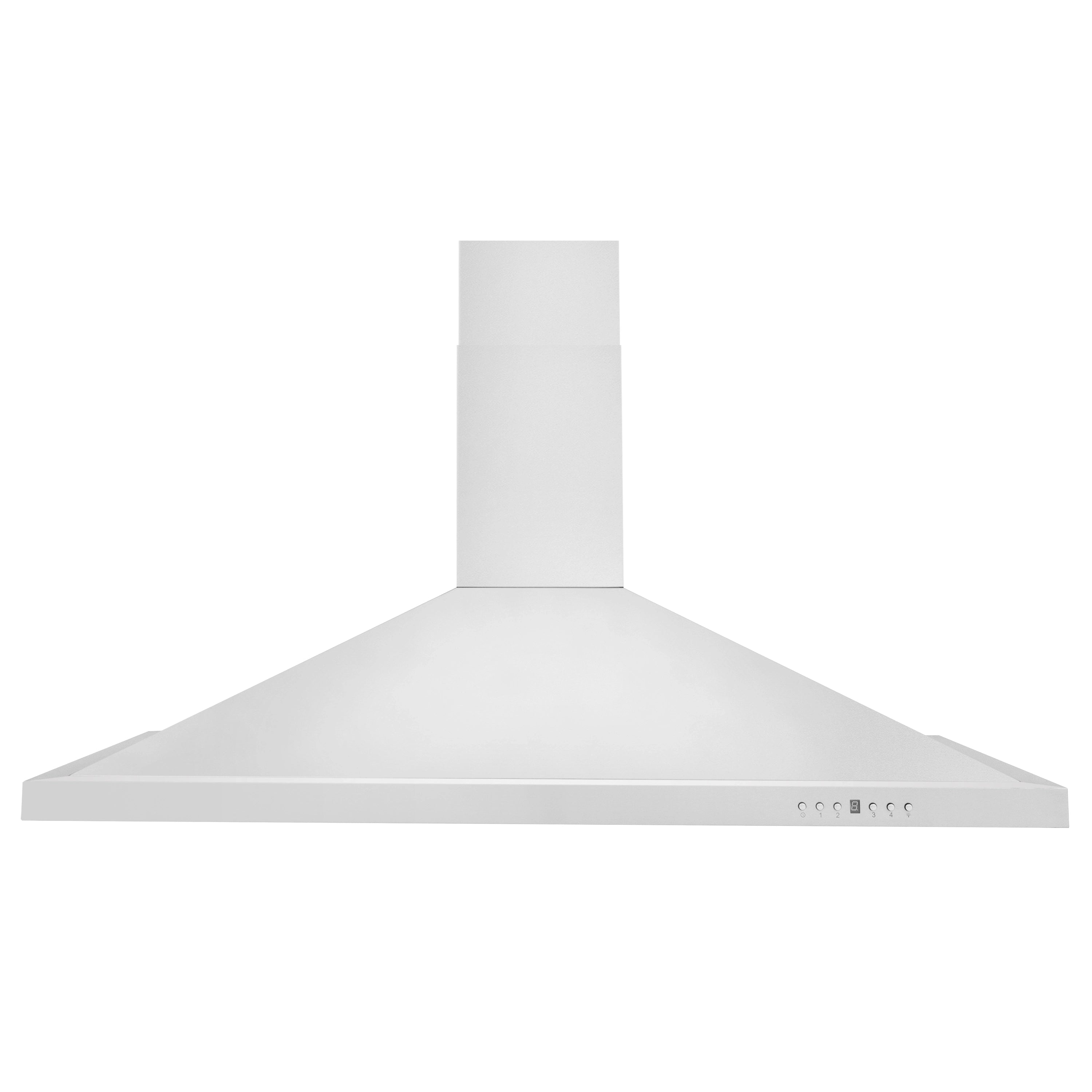 Stainless vent range hood with tall chimney and clean underside
