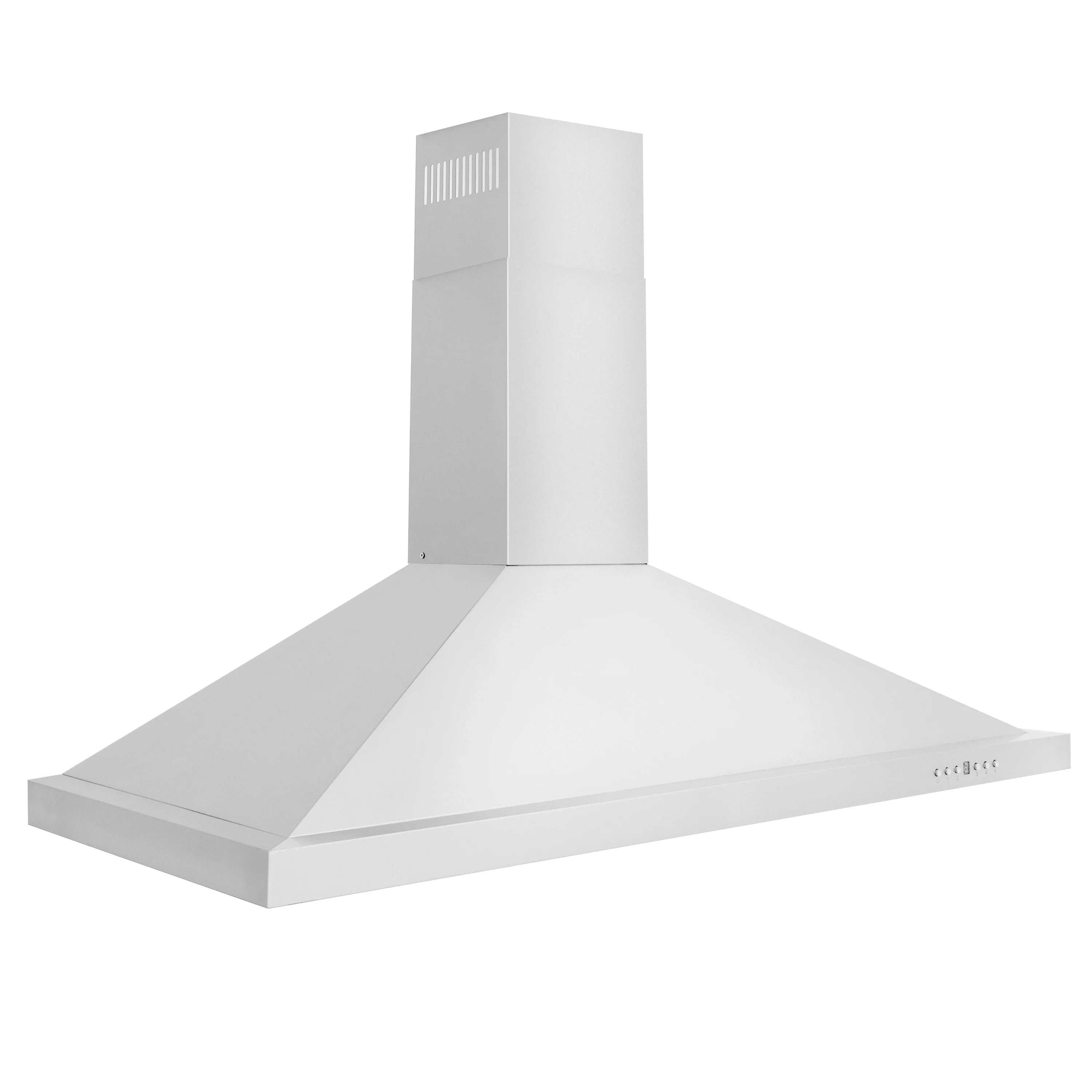 Stainless steel convertible range hood with tall chimney and wide canopy