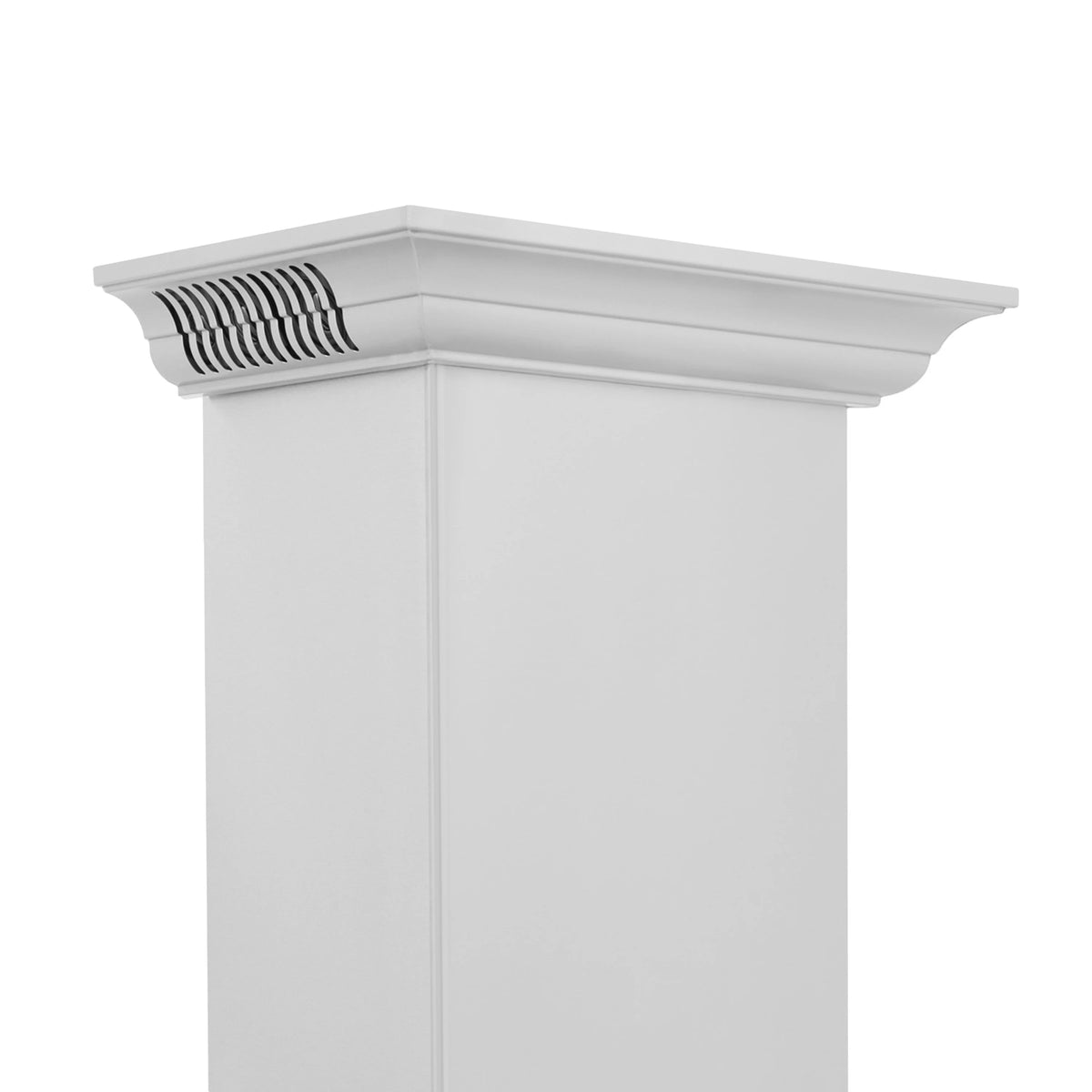 Wall-mount range hood with side vent intake grille on the chimney housing.