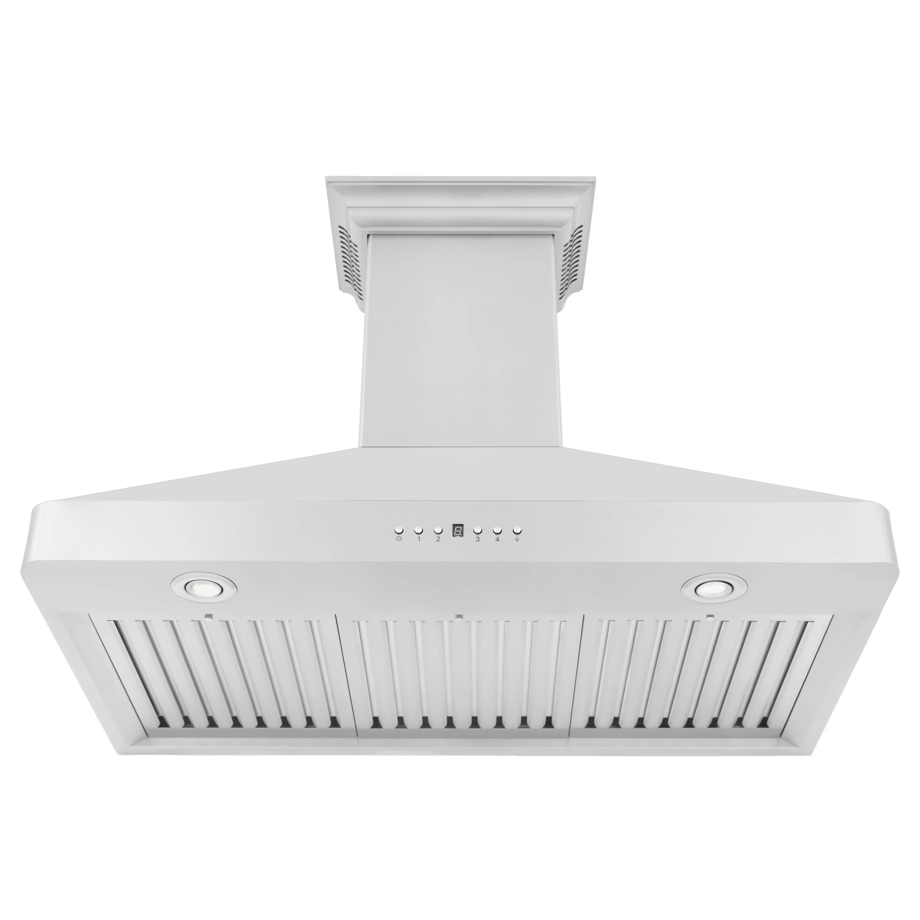 Wall-mount stainless range hood with front vent grille and row of control buttons
