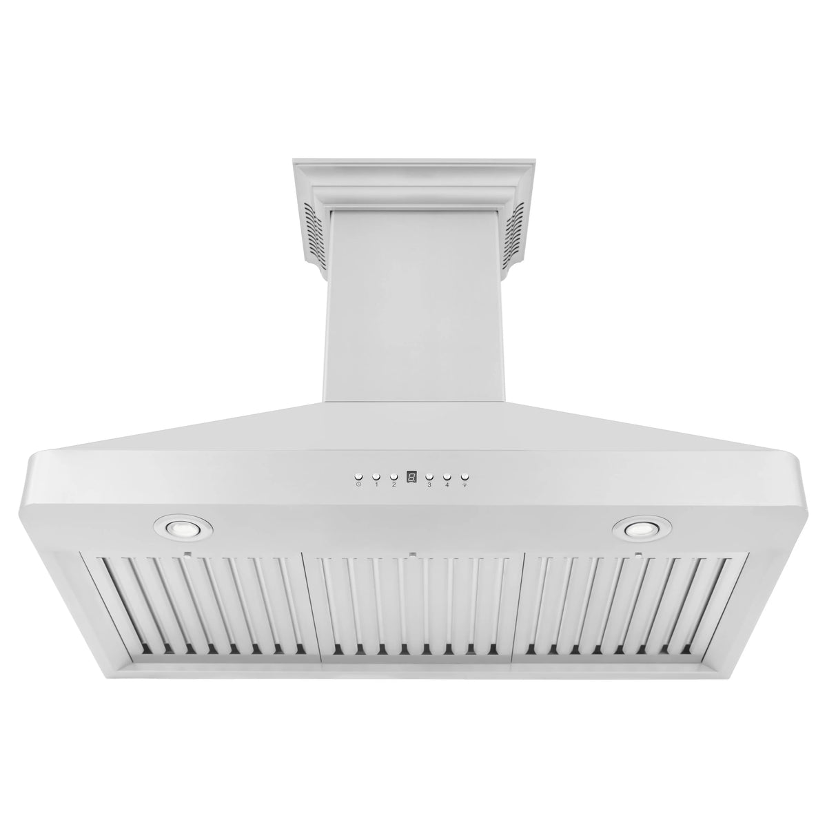 Wall-mount range hood with front vent panel, vertical baffle filters, and control buttons.
