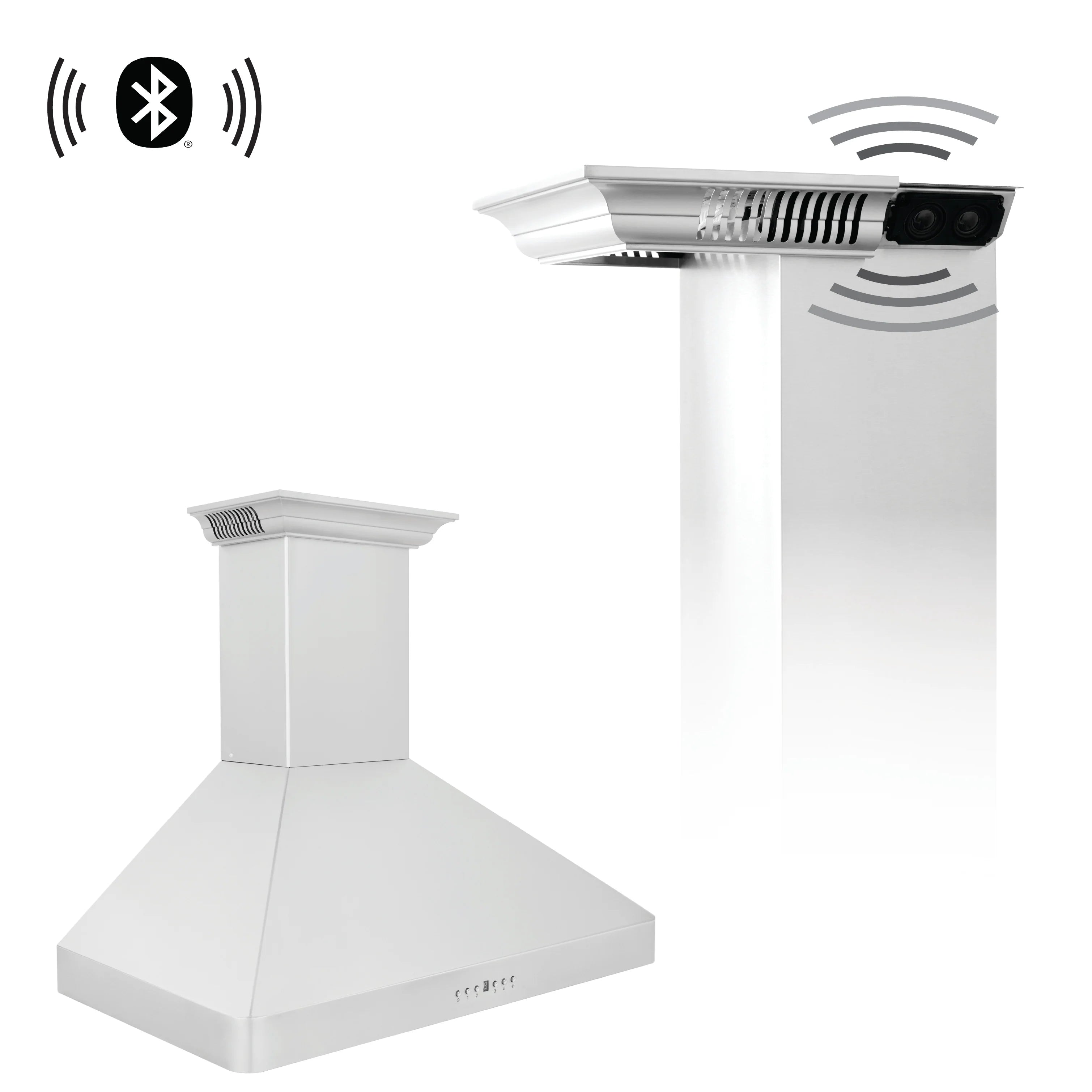 Wall-mount range hood with Bluetooth signal icons near built-in speakers.