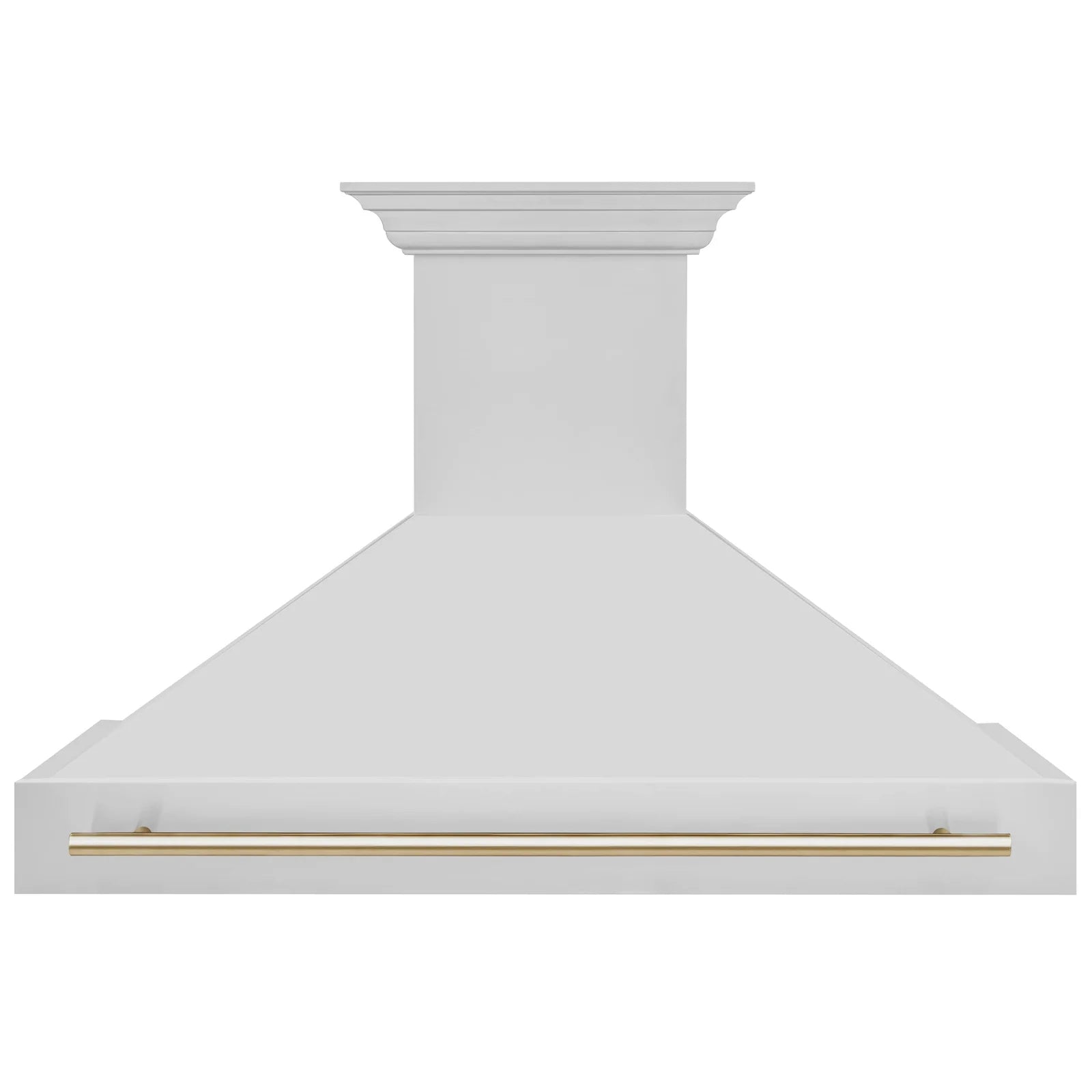Wall range hood duct cover with white finish and gold trim bar
