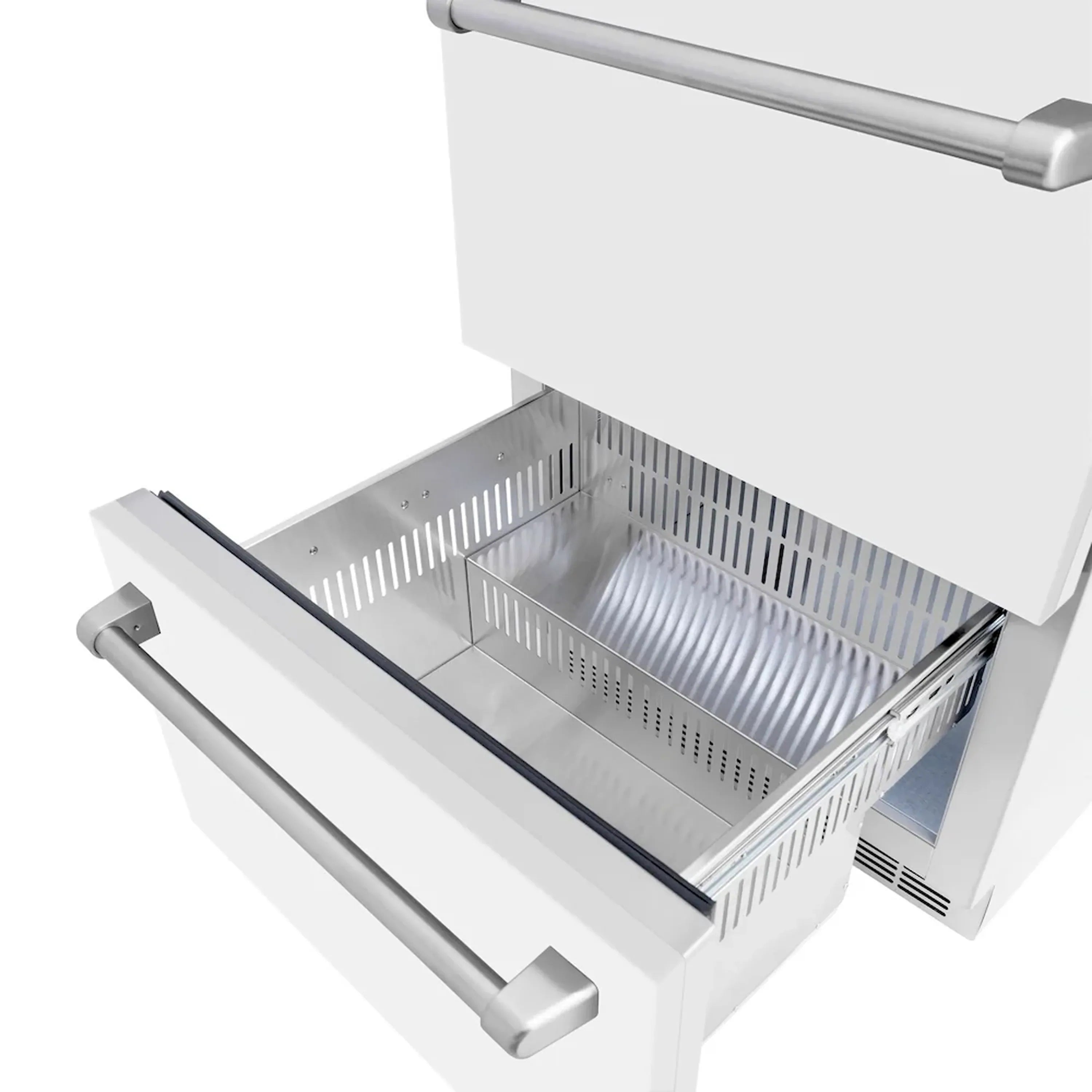 Stainless refrigerator drawer tray with vented sides and open interior bin