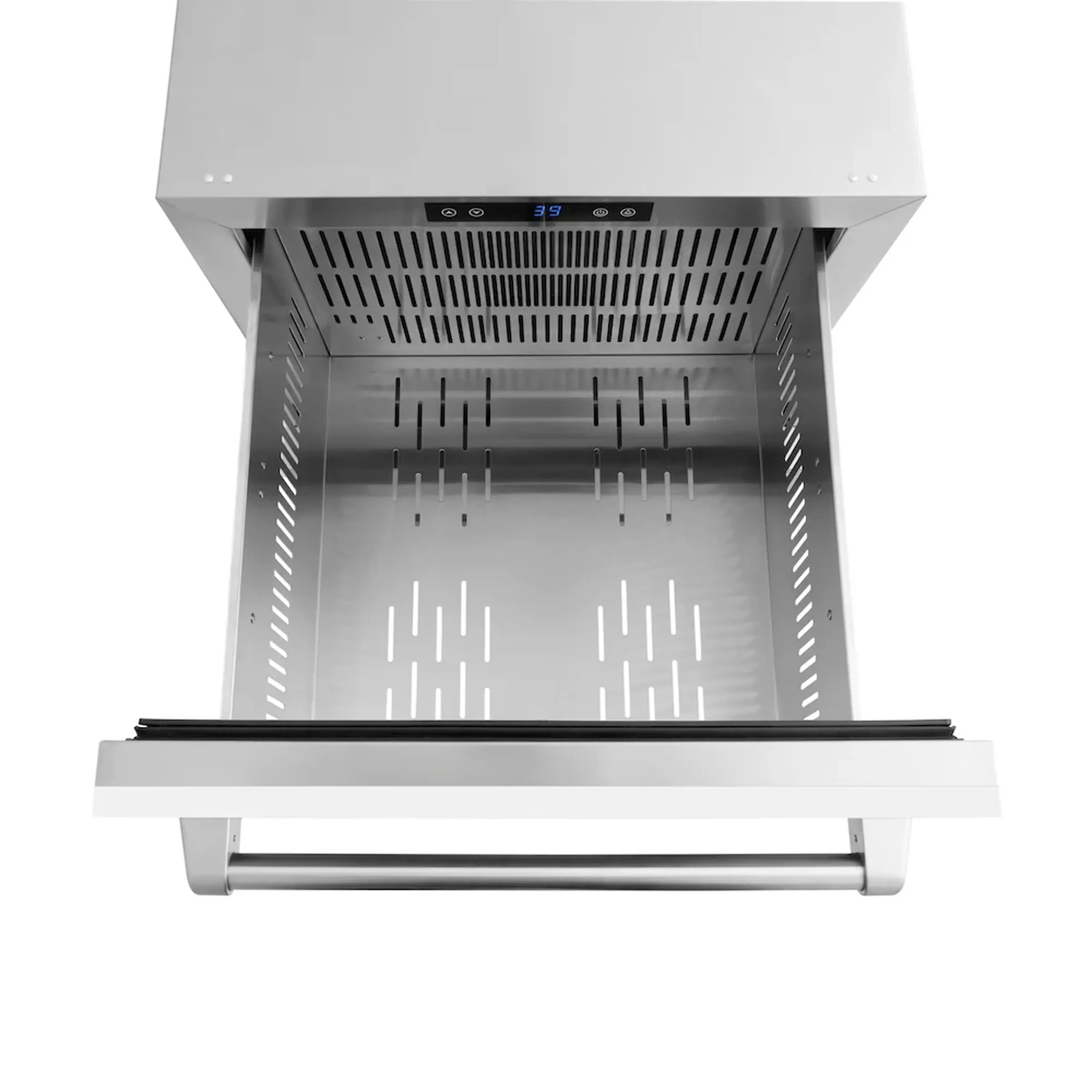Open drawer refrigerator interior with perforated airflow vents and storage dividers