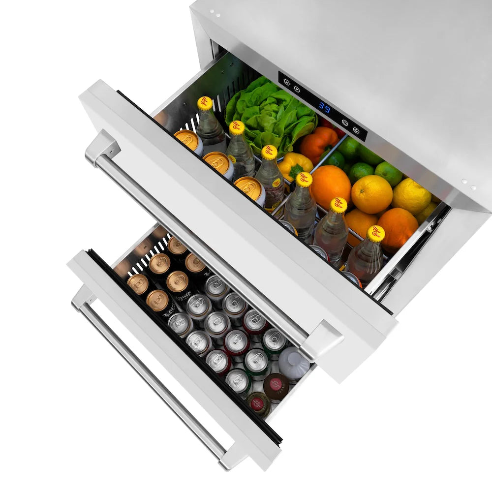 Open white refrigerator drawers with pull handles and food storage racks