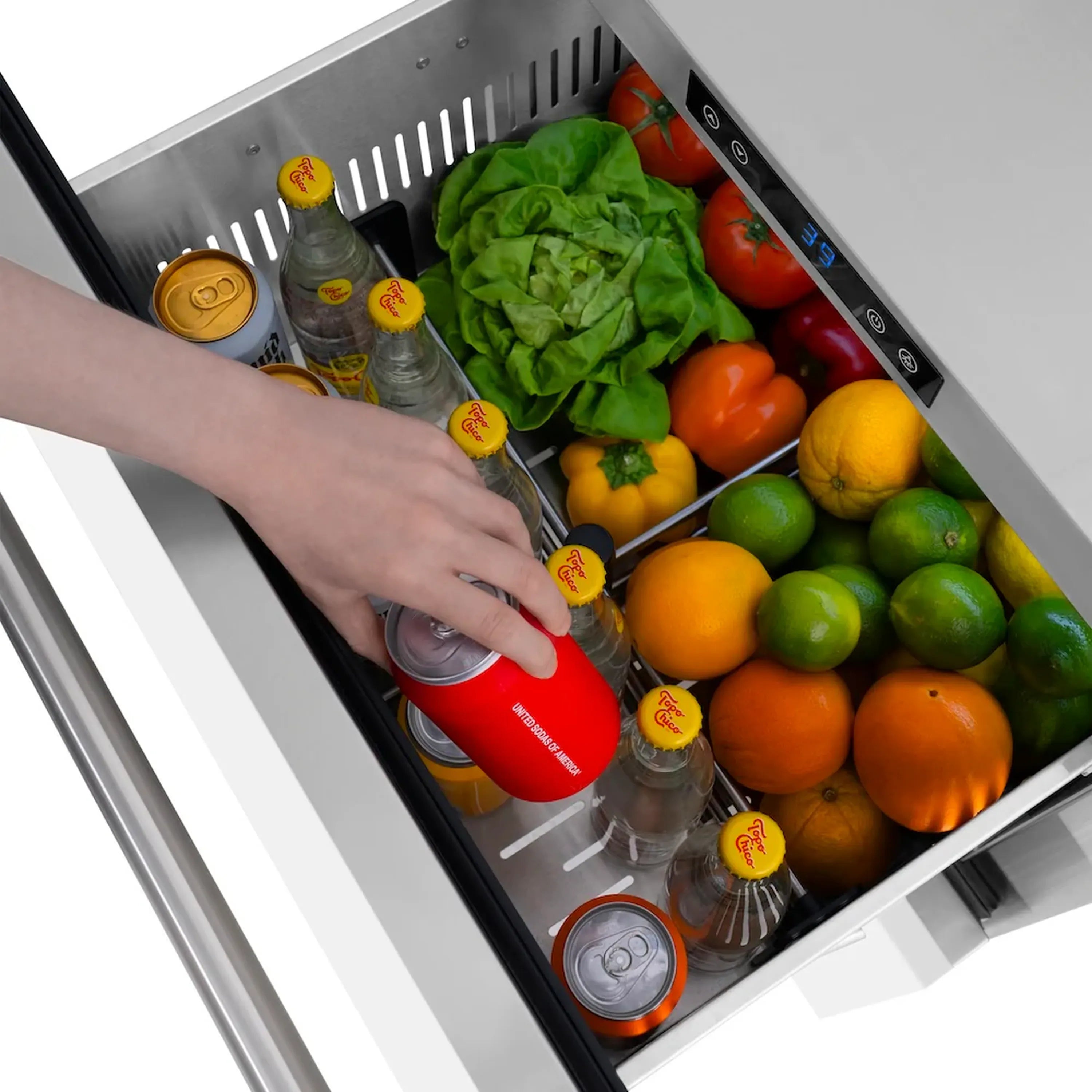 Stainless refrigerator drawer filled with fruits and bottles; drawer front open