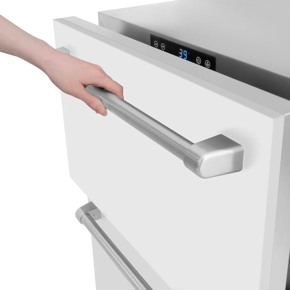 White matte drawer refrigerator with brushed handle and black control panel display