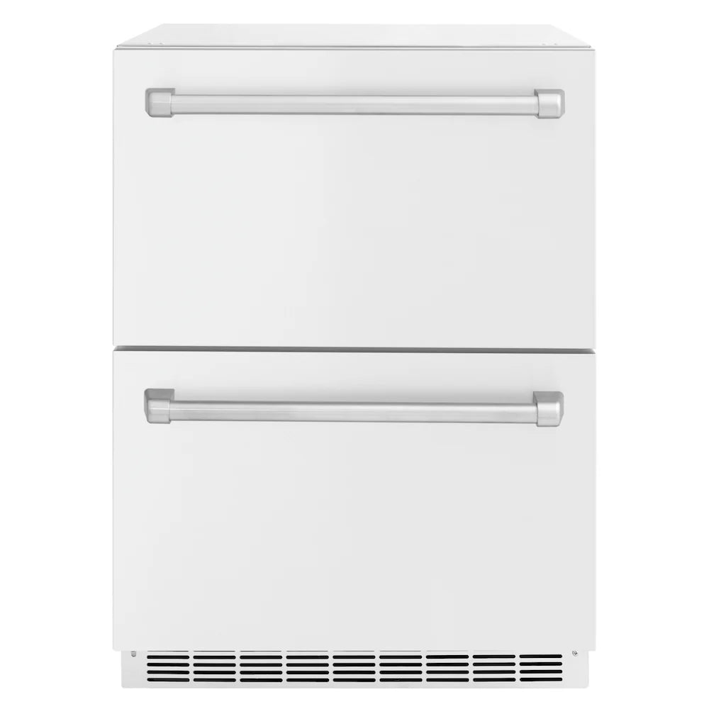 White matte refrigerator drawer unit with two pull handles and bottom vent grille