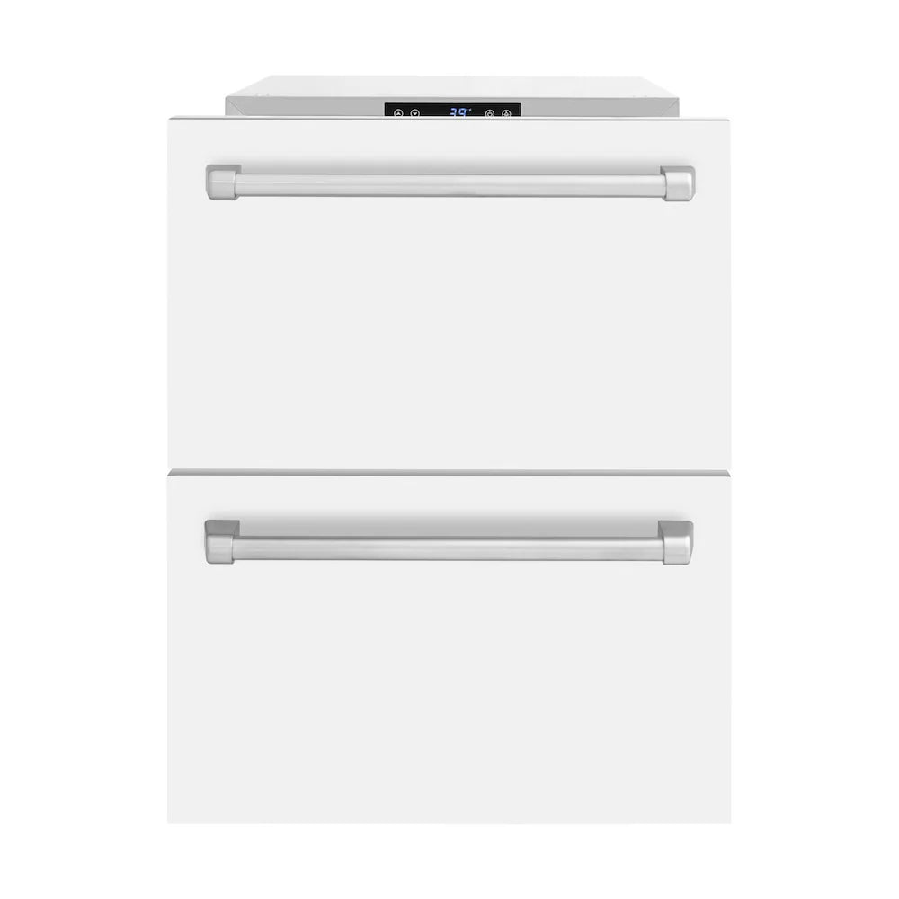 White matte double refrigerator drawer with two horizontal pull handles