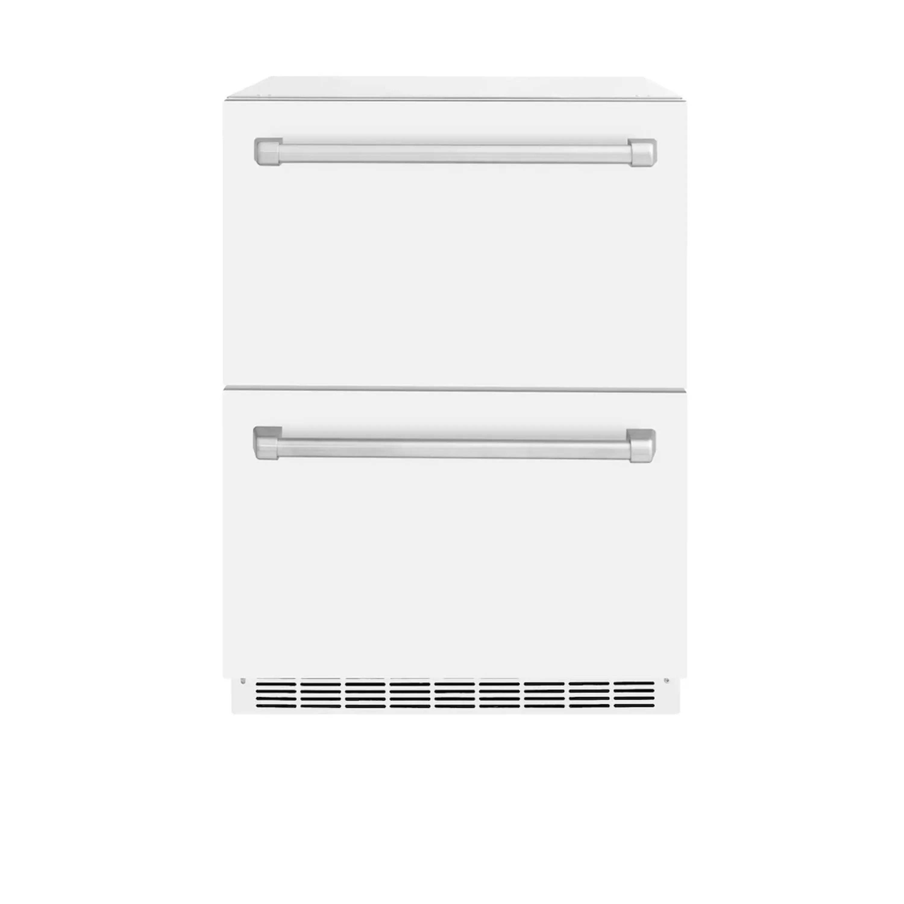 White matte double-drawer refrigerator with two pull handles and bottom vent openings