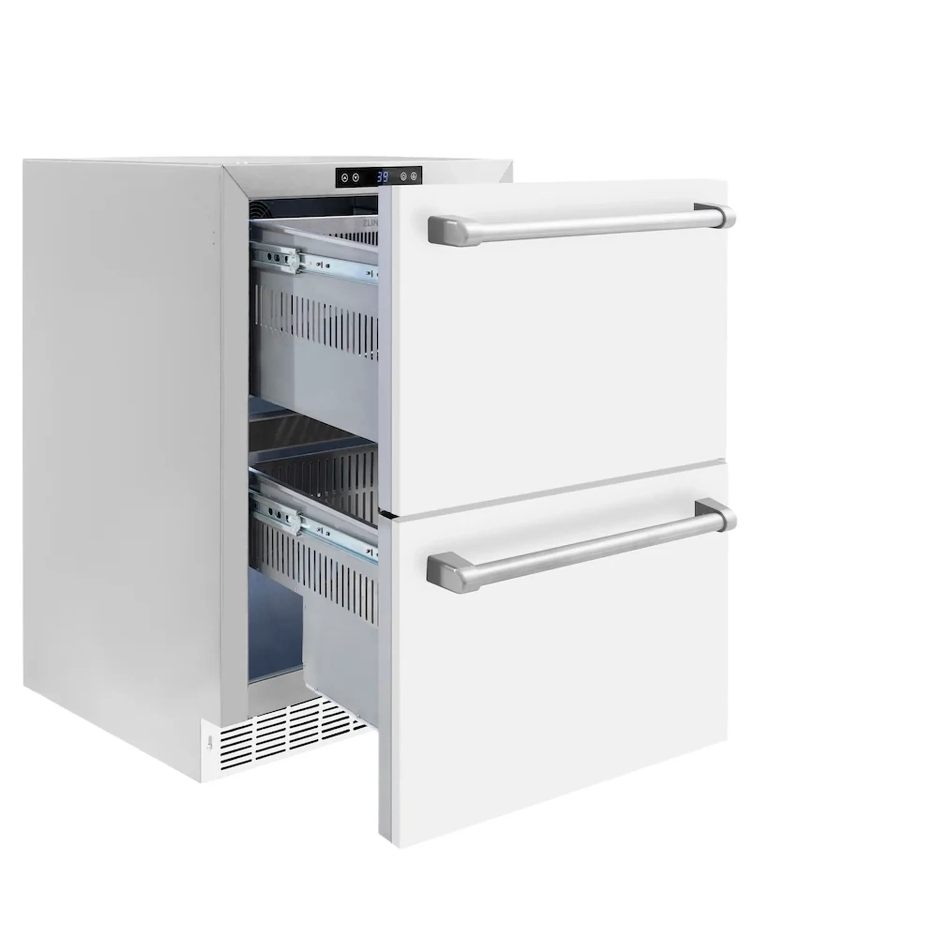 Open white refrigerator drawers with two pull handles and visible cooling compartments