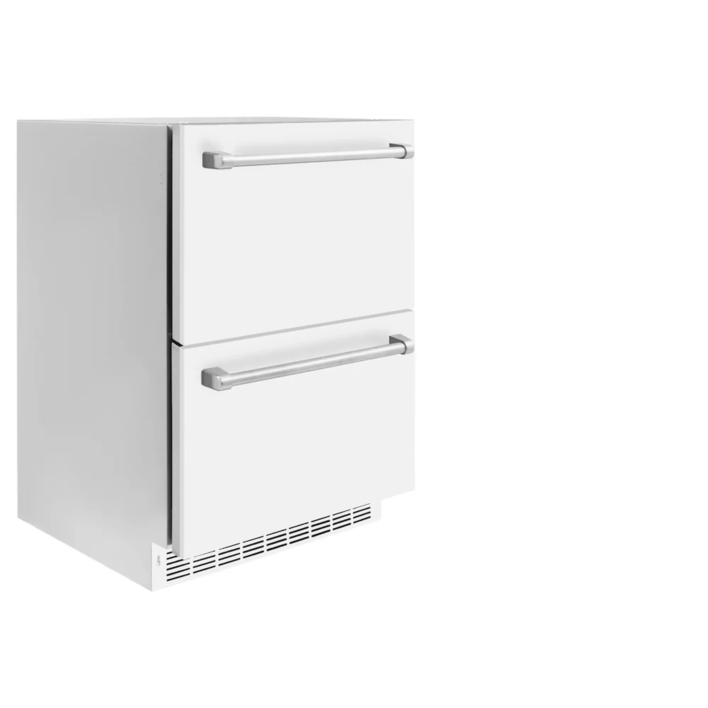 White matte refrigerator drawer with open doors, two handles, and vented base panel