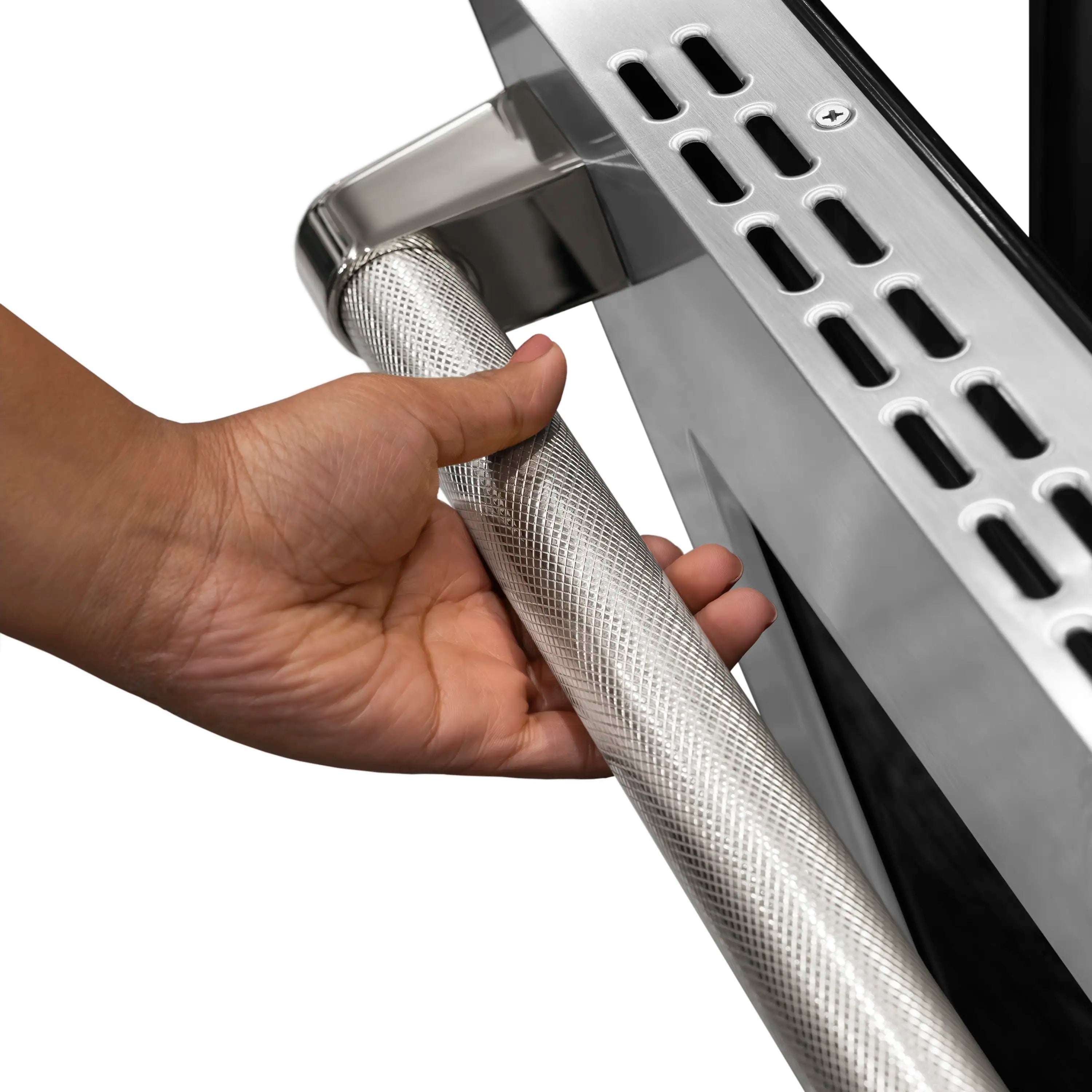 Stainless steel helix handle detail with diamond-textured grip