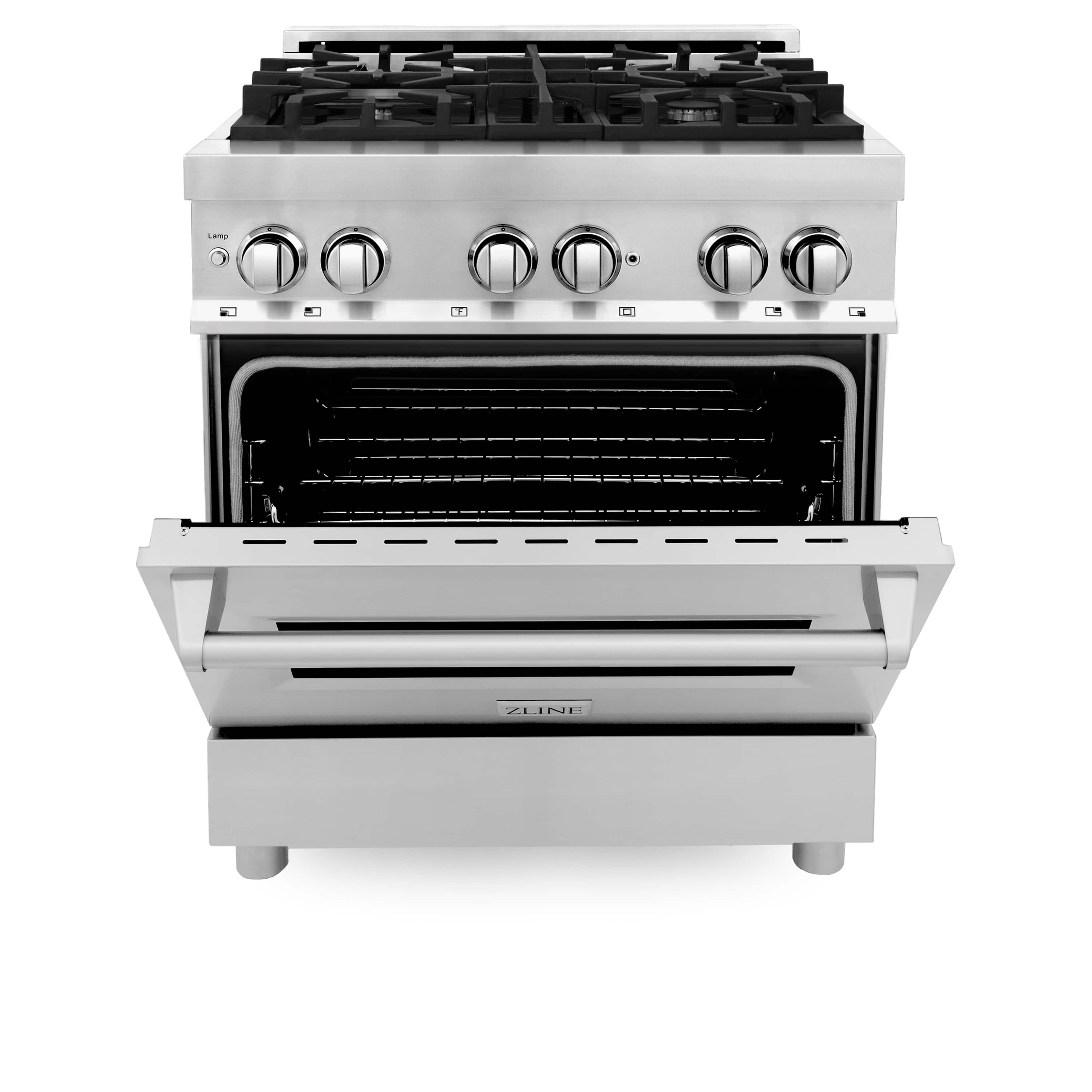 Stainless steel dual fuel range with oven door open, black interior racks visible