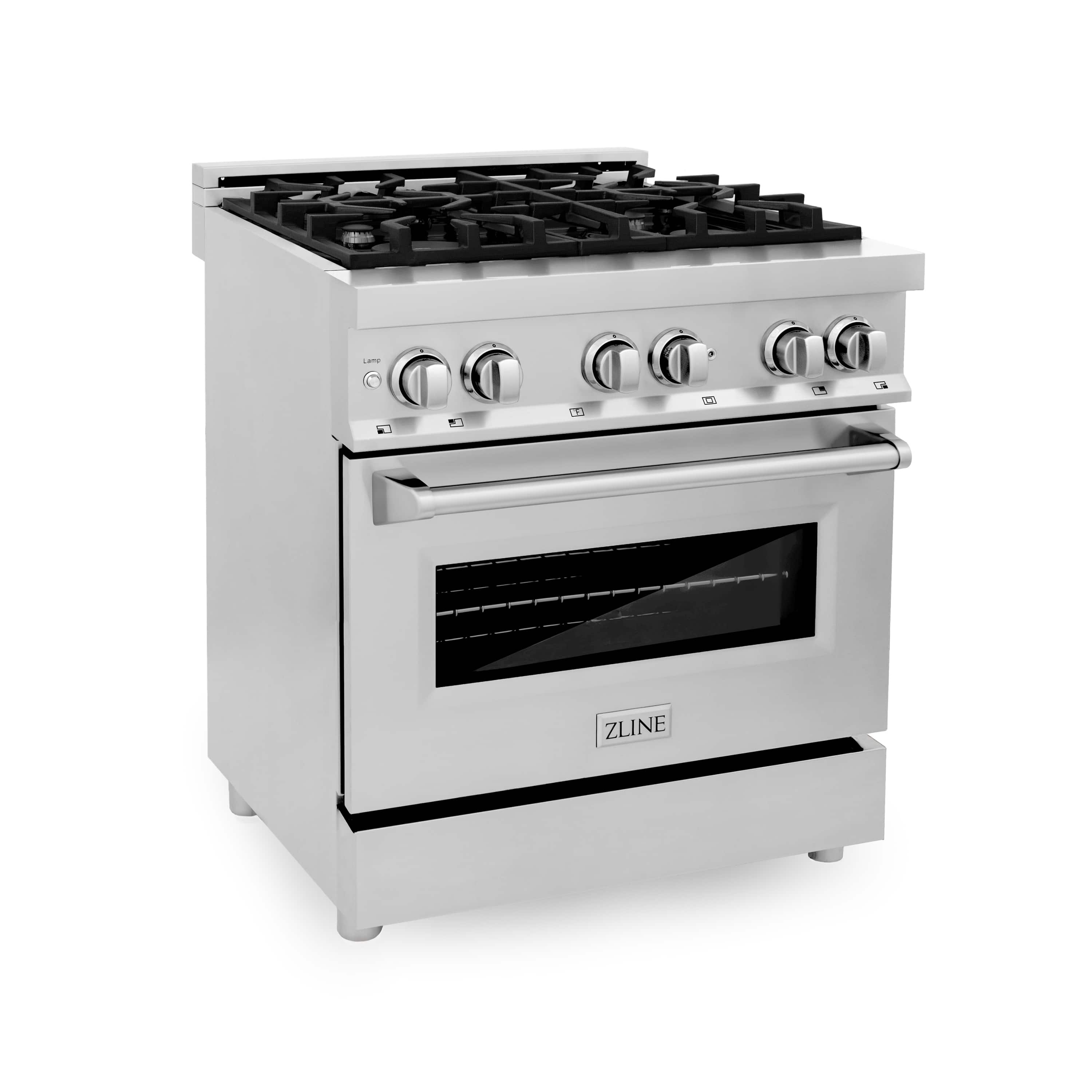 Stainless steel dual fuel range with five burners and control knobs, angled front