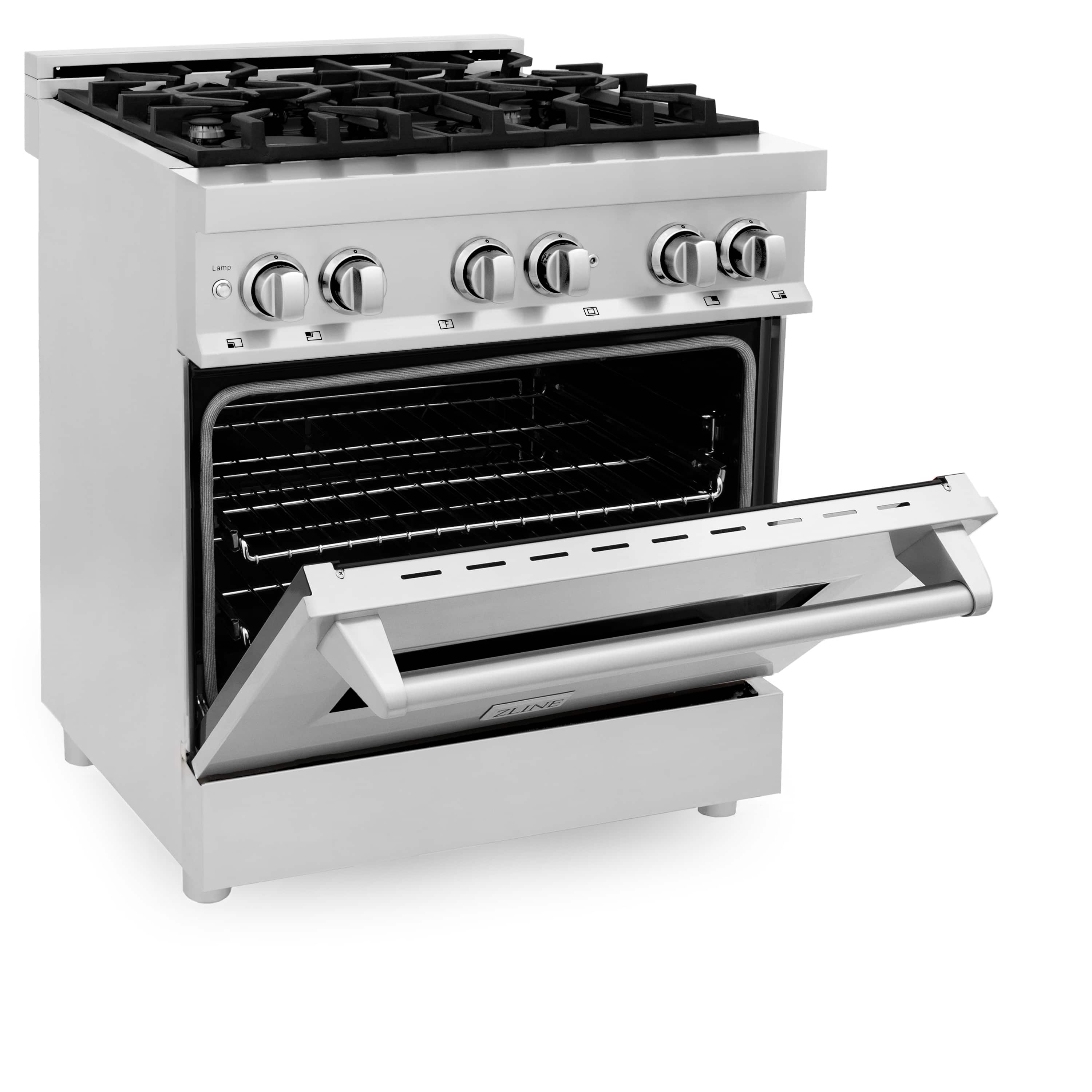 Stainless steel dual fuel range with oven door open and black baking racks visible