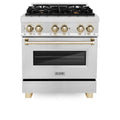ZLINE Legacy Series Autograph Edition 30-inch Dual Fuel Range with Gas Stove and 4.0 Cu. Ft. Electric Oven in Fingerprint Resistant Satin Stainless Steel with Gold Accents (RASZ-SN-30-G)