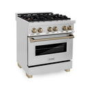 ZLINE 5-Piece Appliance Package - 30-Inch Legacy Autograph Dual Fuel Range, Wall Mount Range Hood, 36-Inch French Door Refrigerator with Water Dispenser, Dishwasher, and 30-Inch Microwave Drawer in Stainless Steel with Champagne Bronze Accents