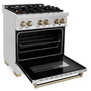 ZLINE 3-Piece Appliance Package - 30-Inch Legacy Autograph Dual Fuel Range, 36-Inch French Door Refrigerator, Dishwasher, in Stainless Steel with Champagne Bronze Accents