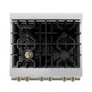 ZLINE 5-Piece Appliance Package - 30-Inch Legacy Autograph Dual Fuel Range, Wall Mount Range Hood, 36-Inch French Door Refrigerator with Water Dispenser, Dishwasher, and 30-Inch Microwave Drawer in Stainless Steel with Champagne Bronze Accents