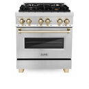 ZLINE 5-Piece Appliance Package - 30-Inch Legacy Autograph Dual Fuel Range, Wall Mount Range Hood, 36-Inch French Door Refrigerator, Dishwasher, and 30-Inch Microwave Drawer in Stainless Steel with Gold Accents