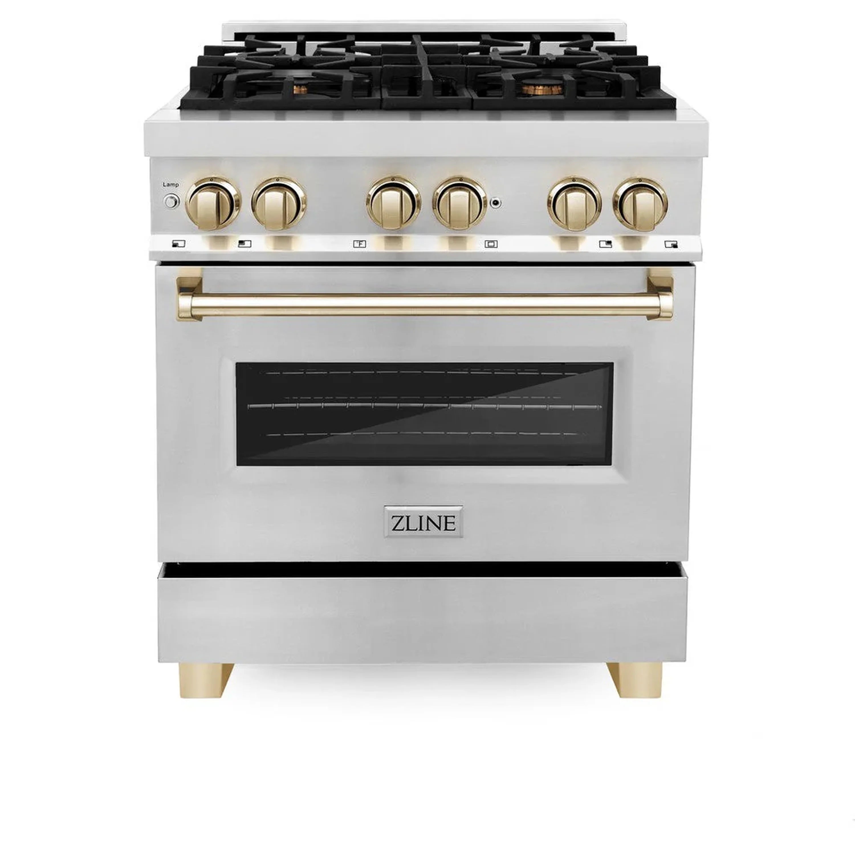 Stainless dual fuel range front with black cooktop grates and gold controls