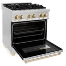 ZLINE 5-Piece Appliance Package - 30-Inch Legacy Autograph Dual Fuel Range, Wall Mount Range Hood, 36-Inch French Door Refrigerator with Water Dispenser, Dishwasher, and 30-Inch Microwave Drawer in Stainless Steel with Gold Accents