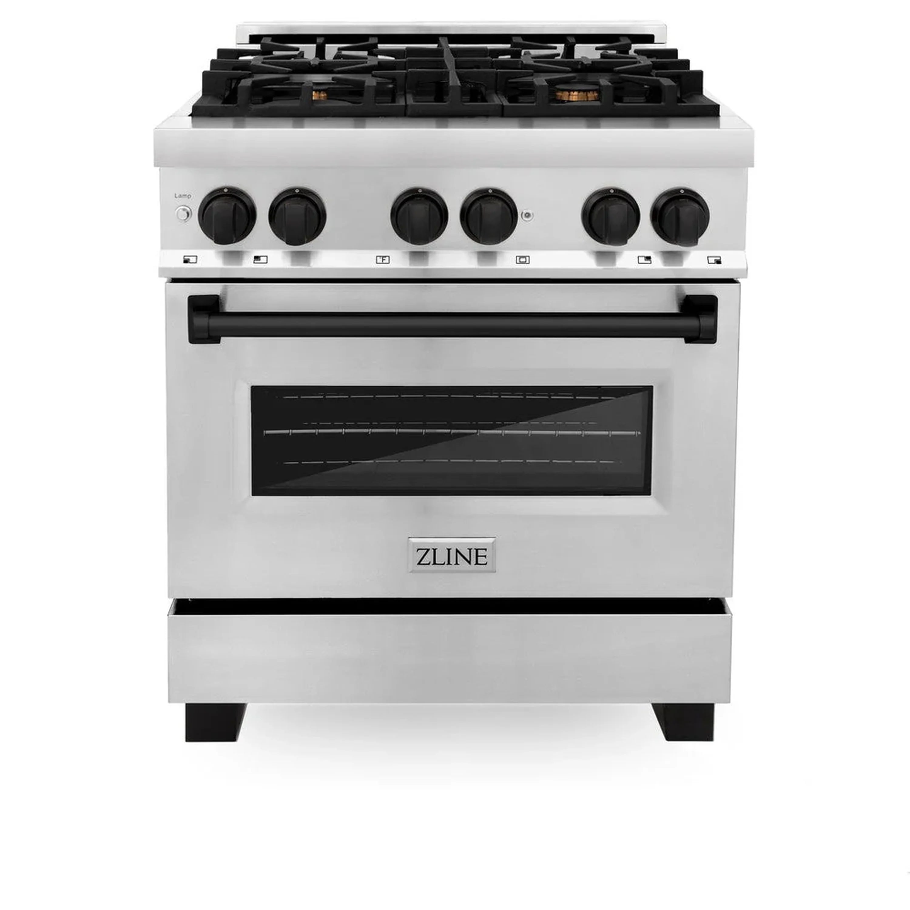 Stainless steel dual-fuel range with black knobs, cooktop grates, and oven window