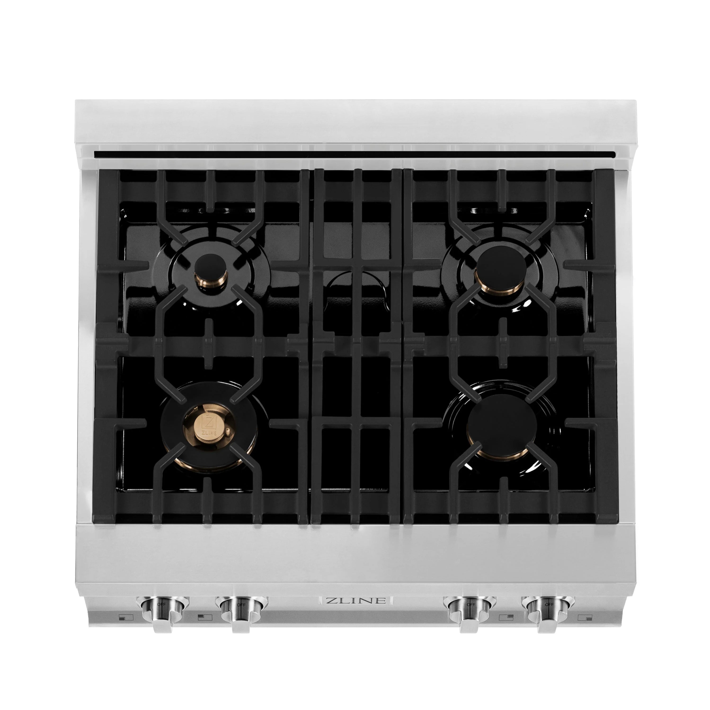 Gas cooktop top view with four burner grates and a black burner area
