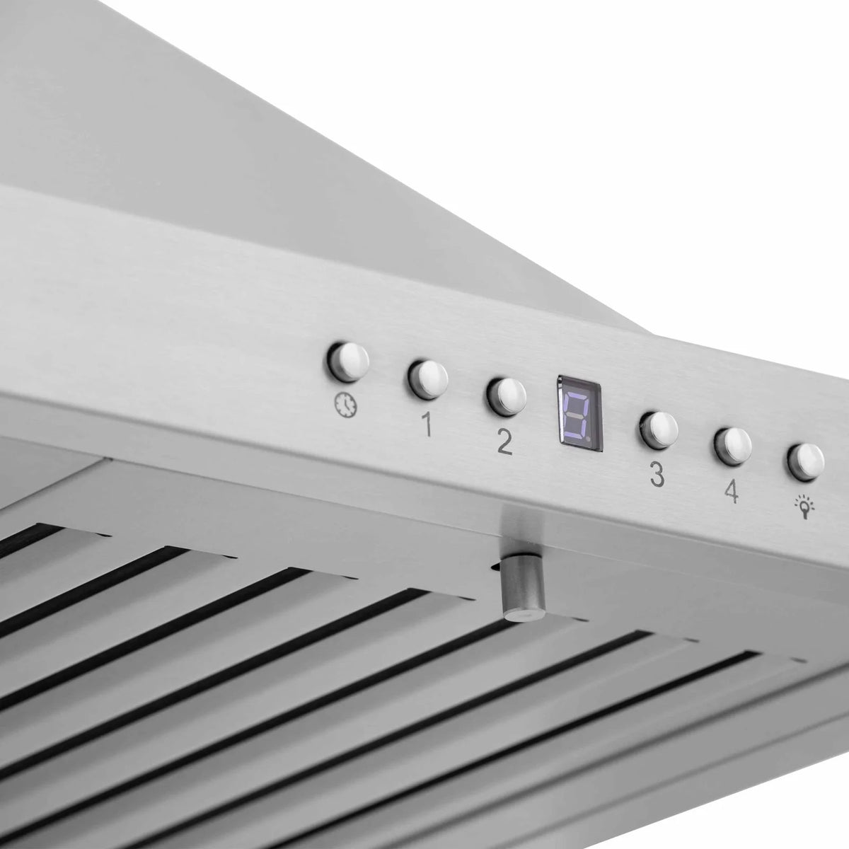 Stainless steel range hood control panel with push buttons and display