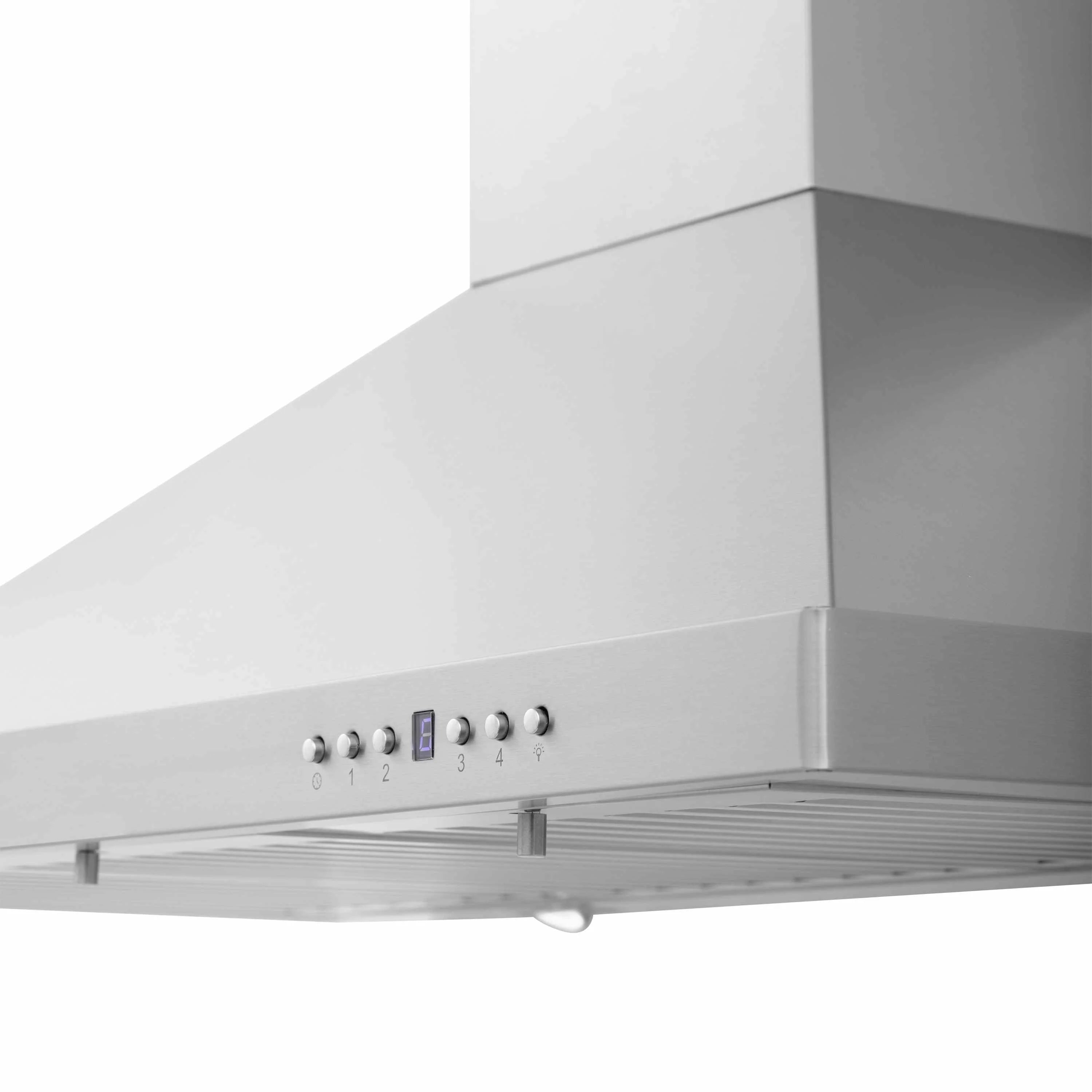 Convertible range hood underside with row of filters and vented fan grille