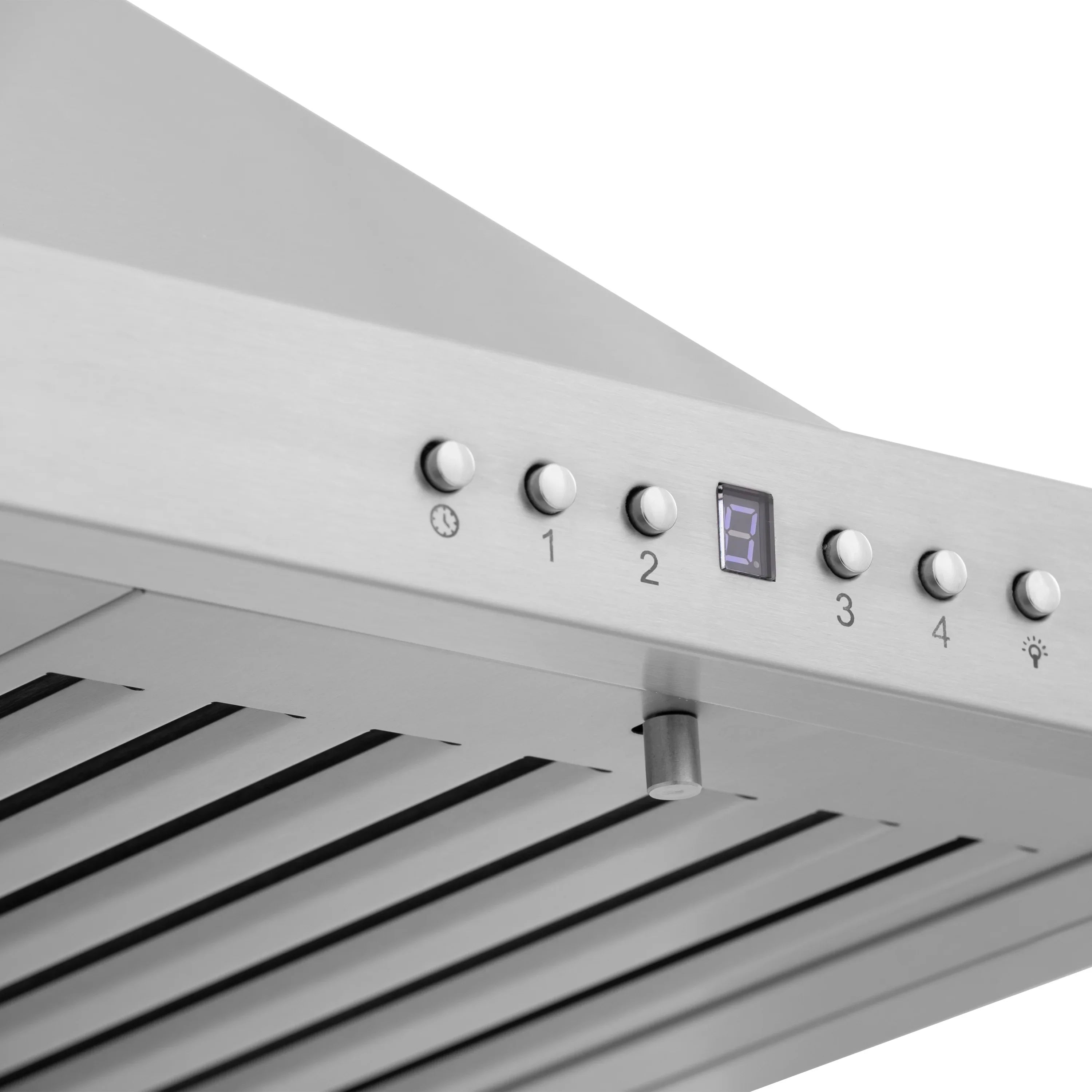 Close-up of stainless steel range hood control knobs and digital display