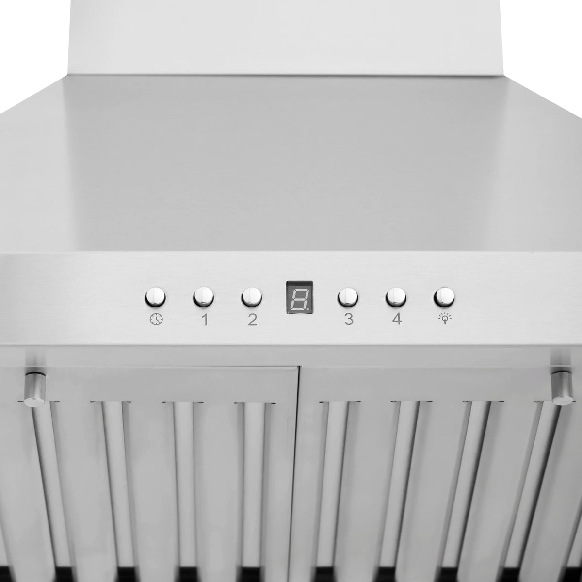 Stainless steel range hood control panel with round buttons and small display