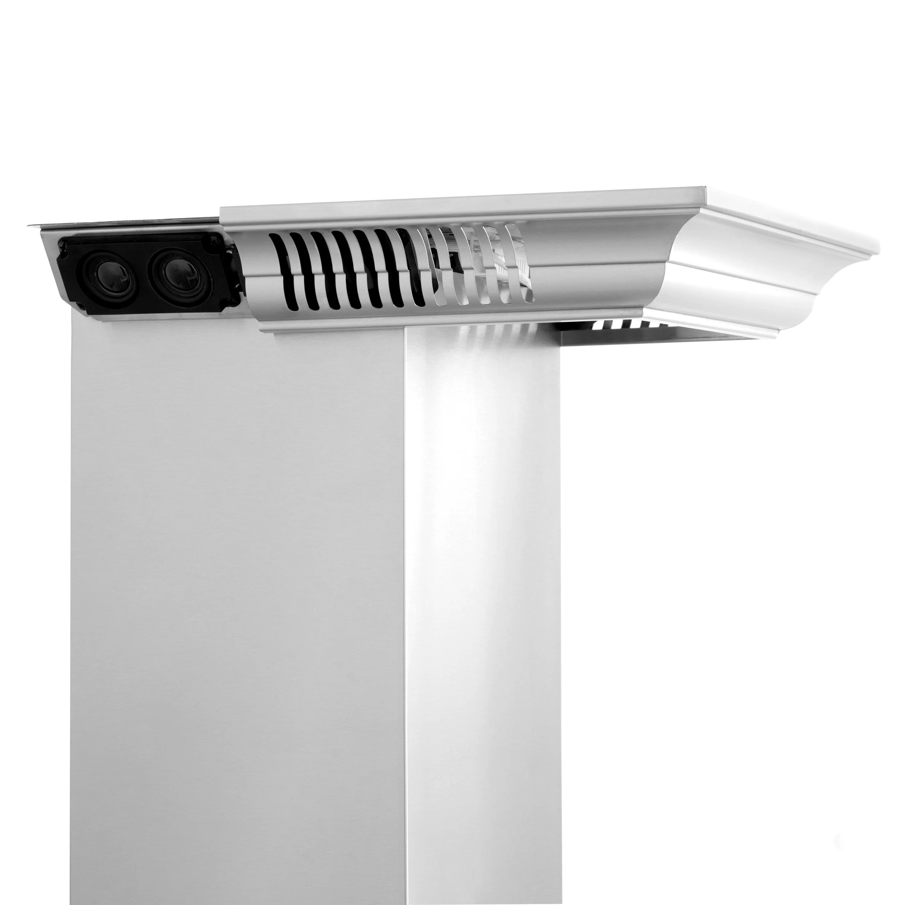 Wall-mount stainless range hood underside showing two speaker grilles and vent slats