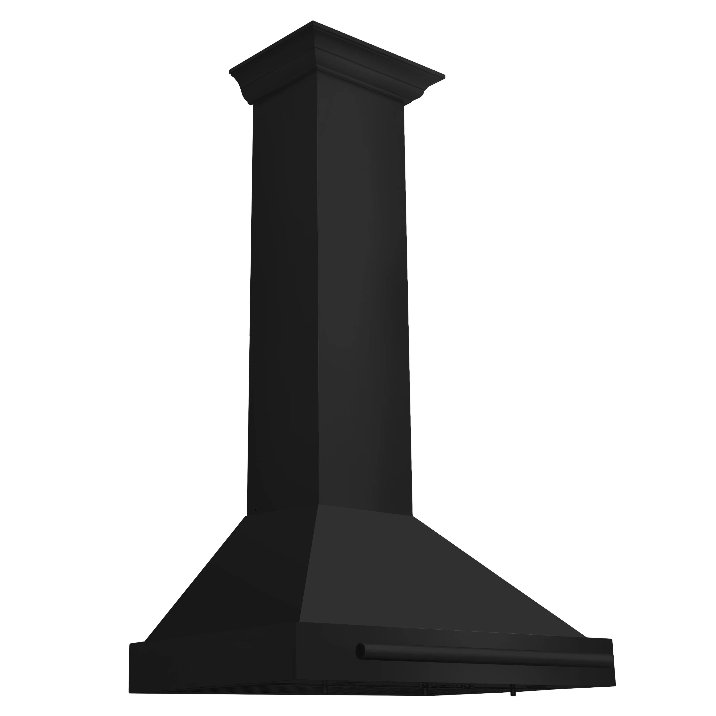 Black stainless steel wall hood with chimney flue and slanted lower canopy
