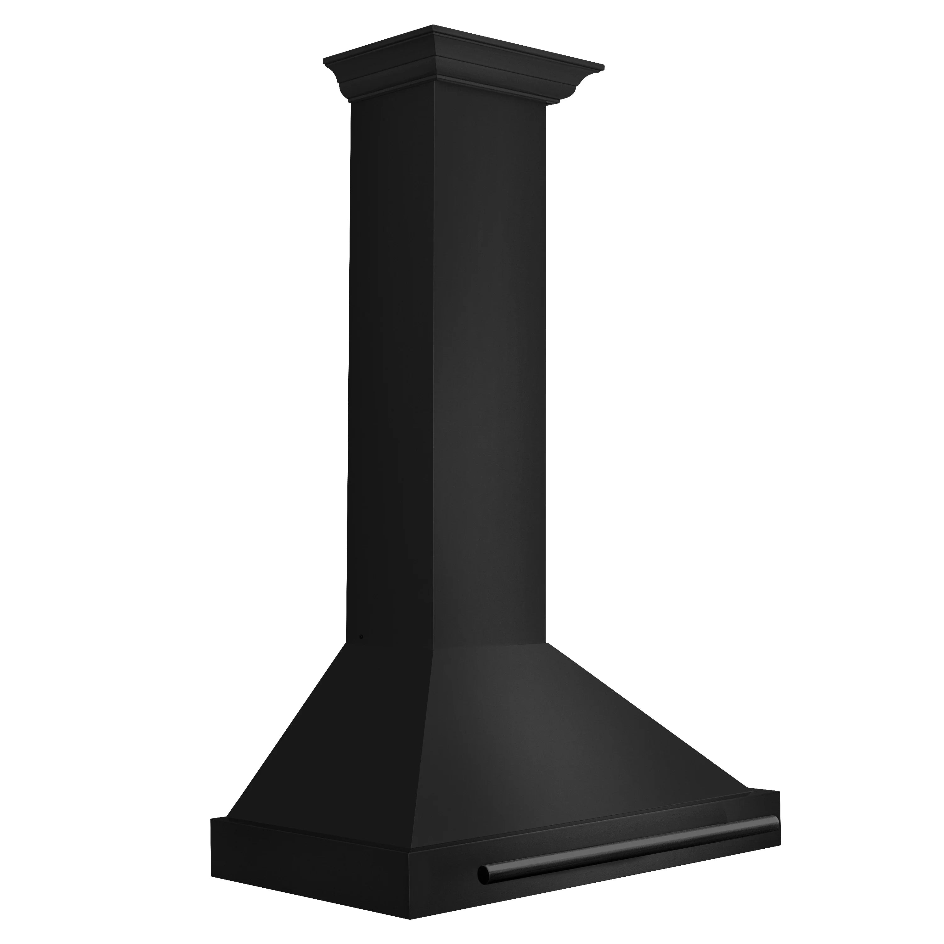 Black stainless steel convertible wall range hood with tall chimney and side handle bar