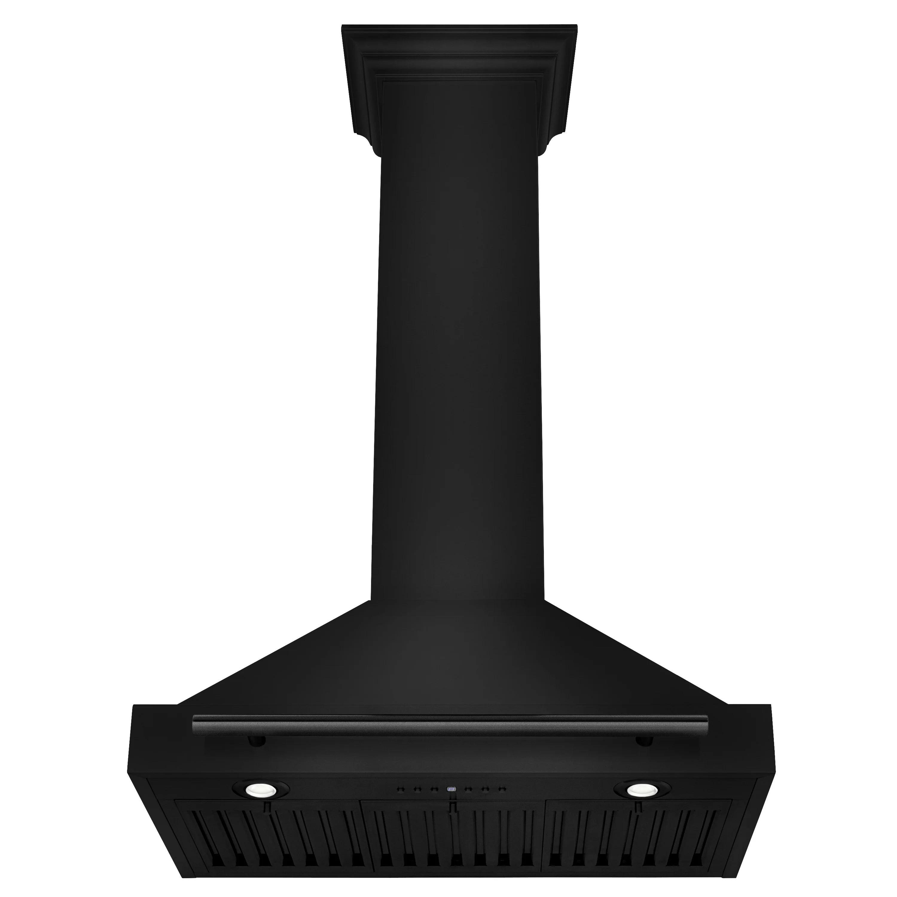 Black stainless steel range hood front panel with handle, vent slots, and two lights