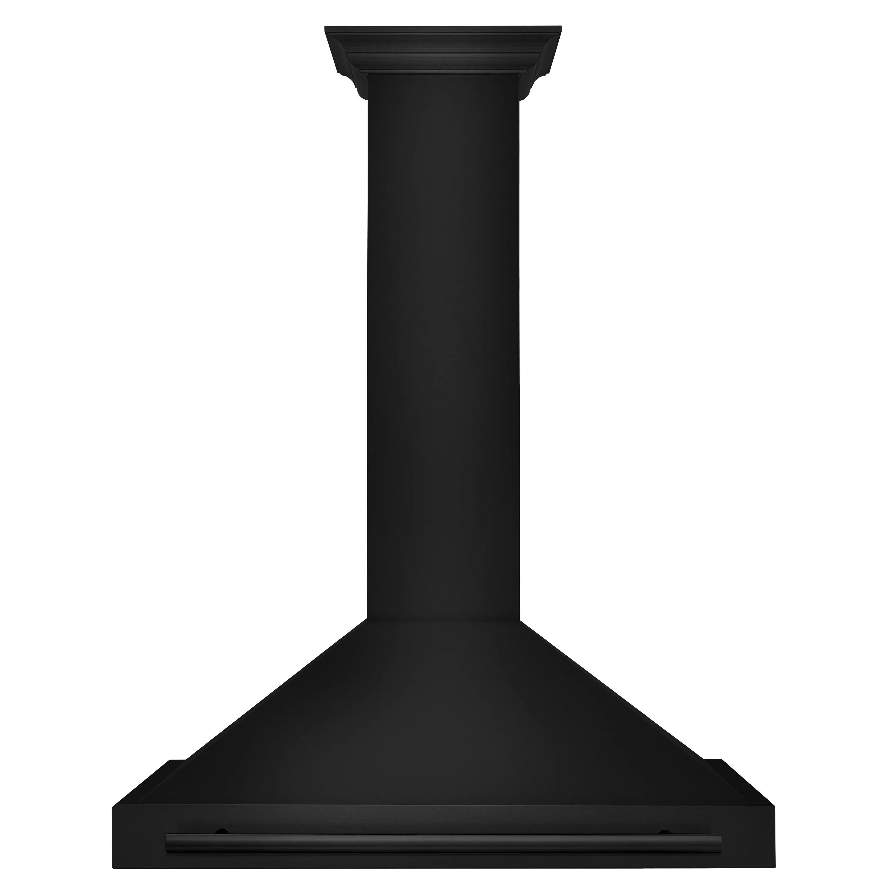 Black stainless steel wall mount range hood with wide canopy and chimney column