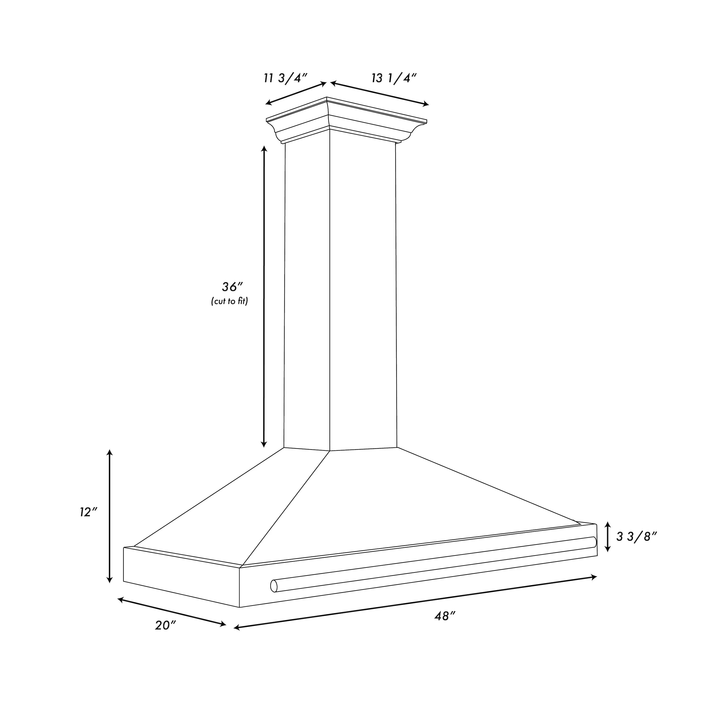 Black convertible wall mount range hood dimensional diagram, 48-inch width