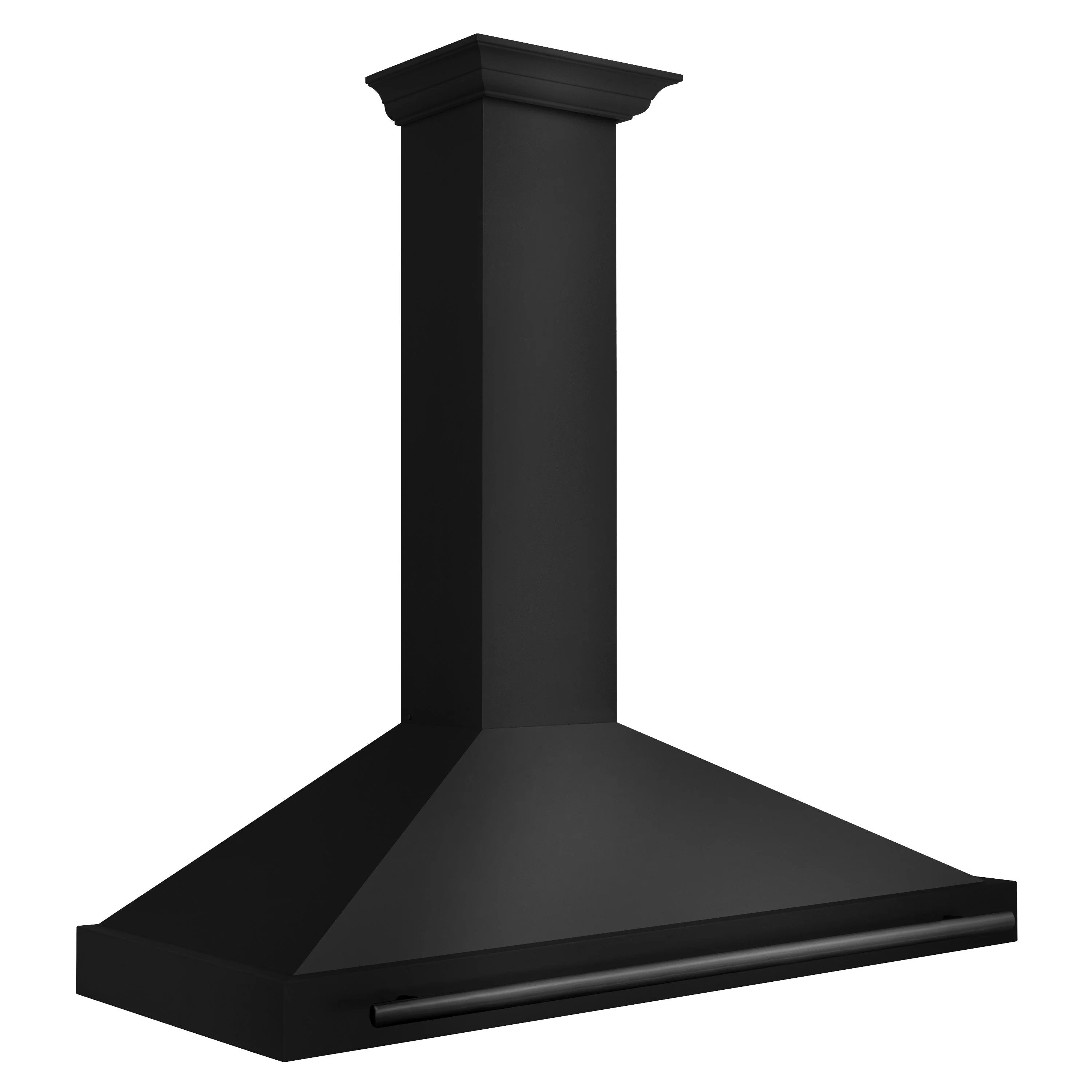 Black convertible wall mount range hood angled view with flat canopy