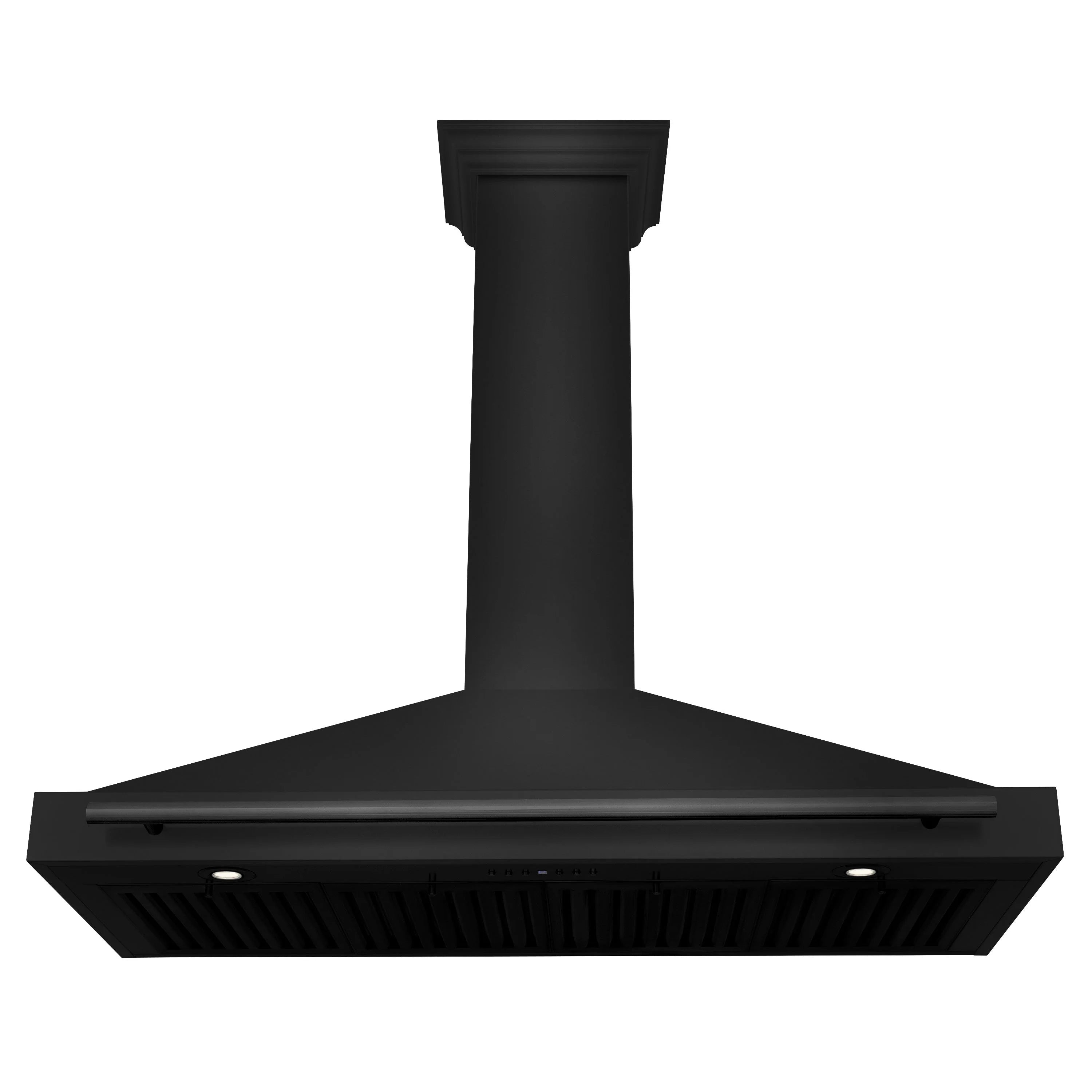 Black convertible wall mount range hood with chimney and wide canopy