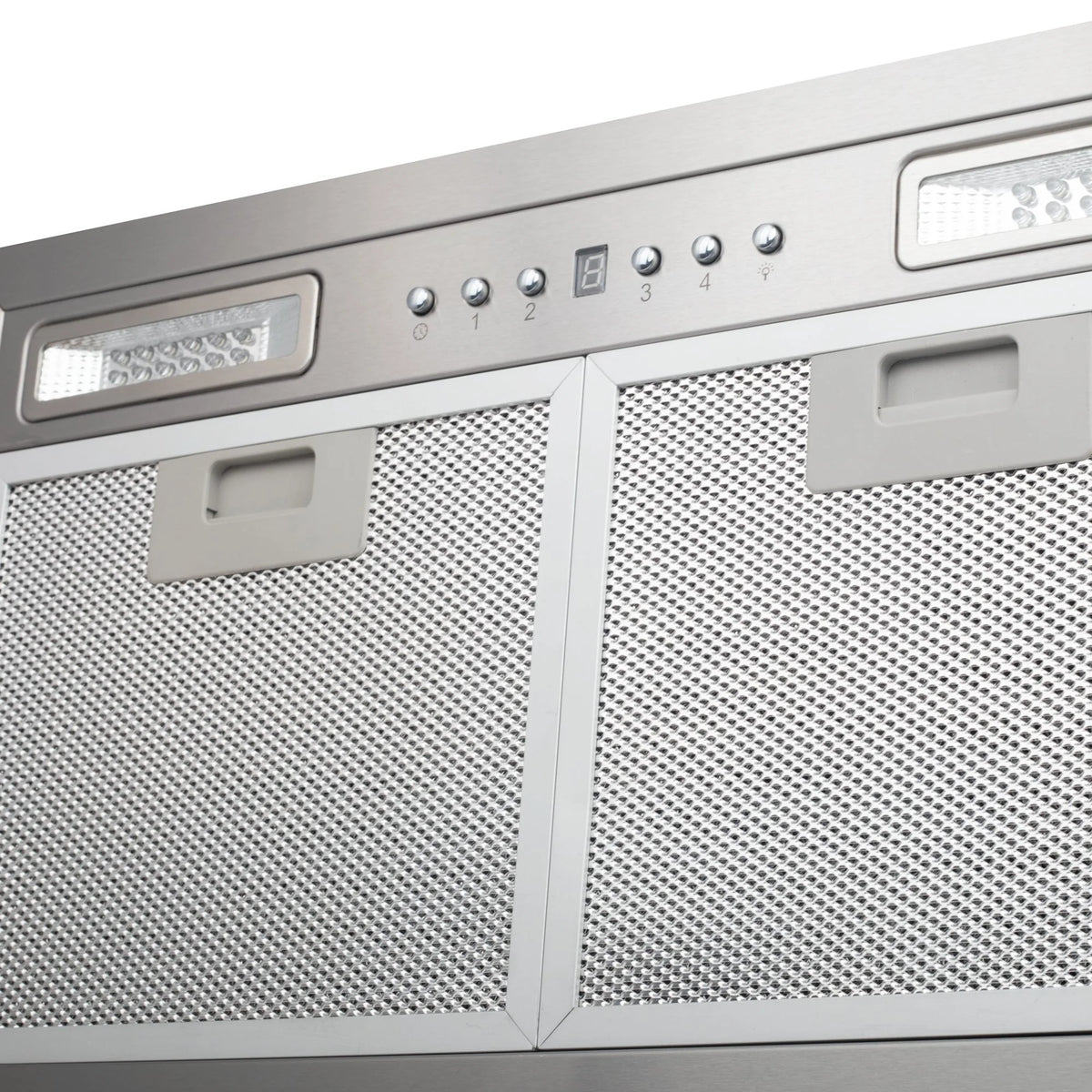 Range hood control strip with two LED windows and numbered fan speed buttons