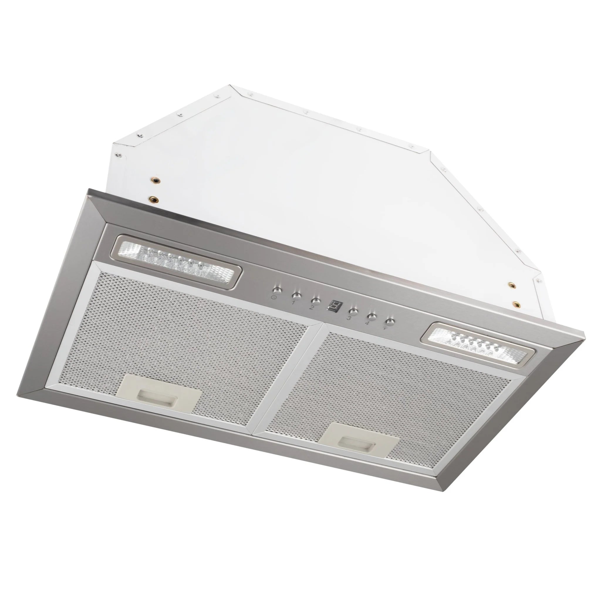 Range hood insert underside with two LED lights and dual mesh filter grilles