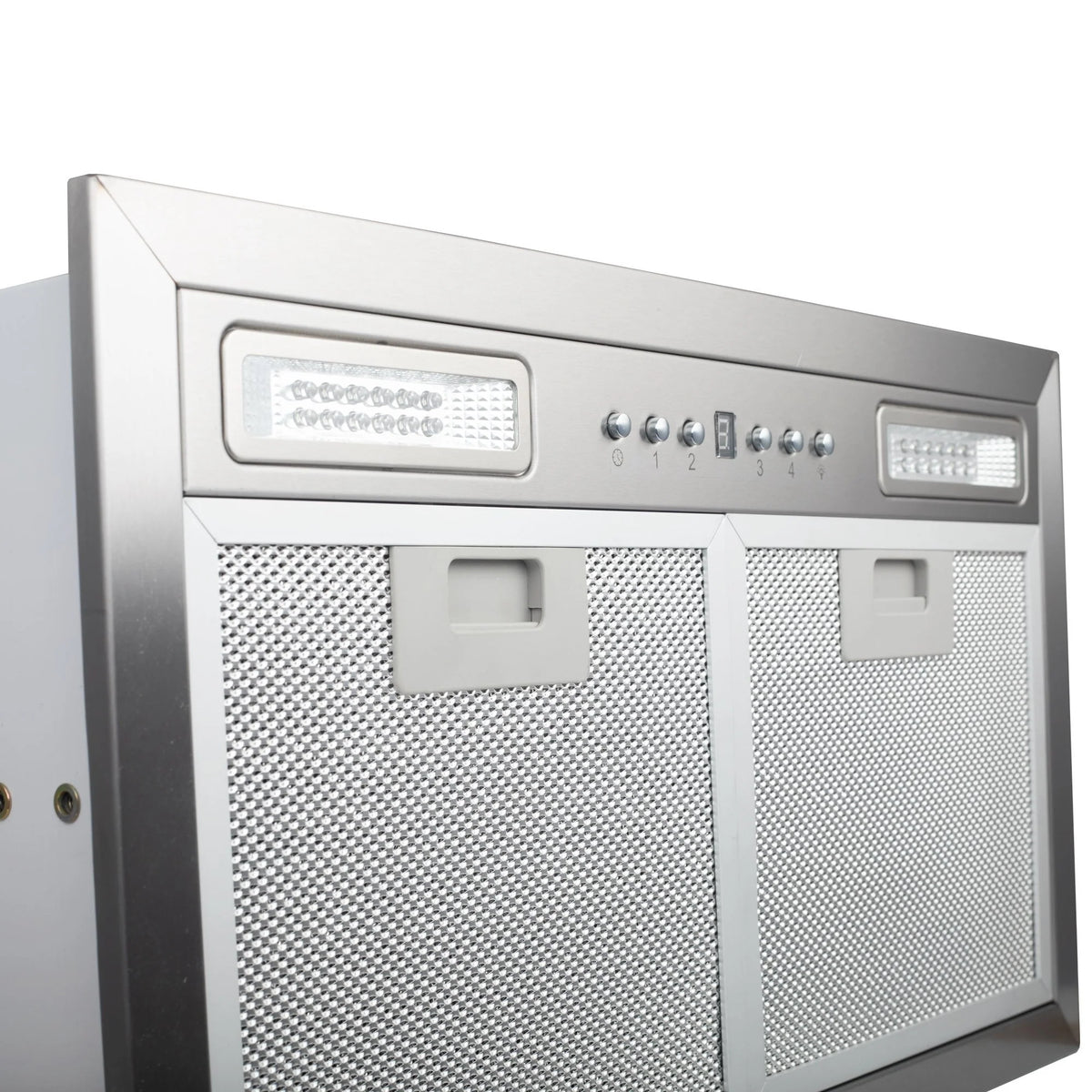 Stainless steel range hood insert front with two mesh filter panels and two LED lights
