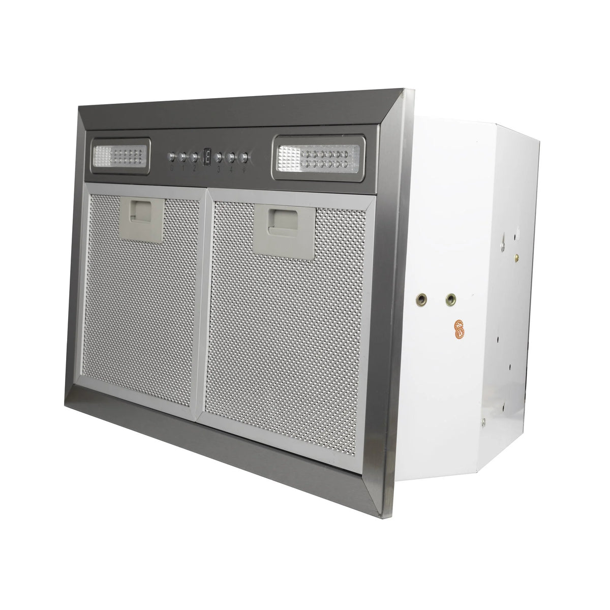 Range hood insert with two LED lights, twin mesh filters, and control knobs
