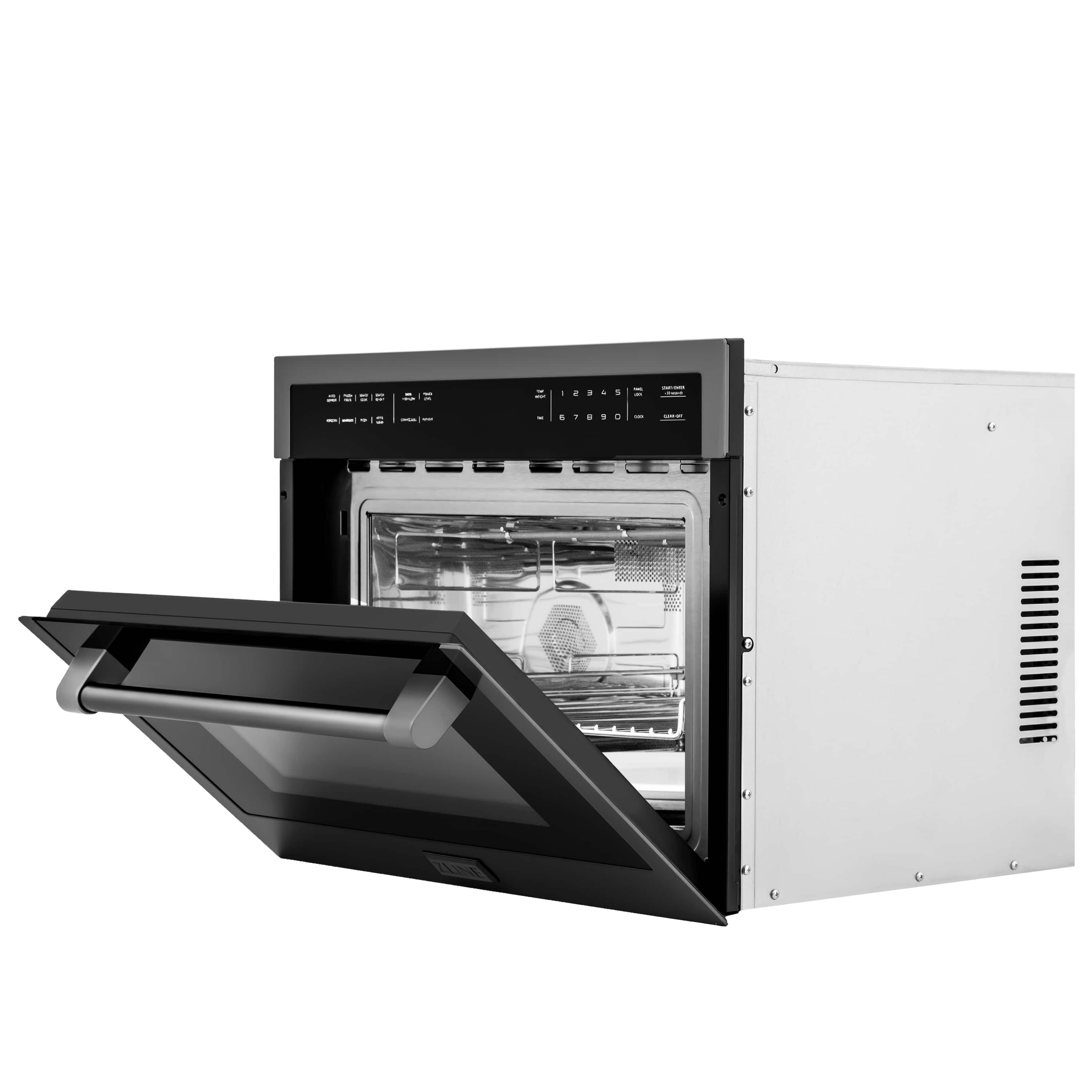 Black stainless steel microwave oven with door open and interior cavity visible
