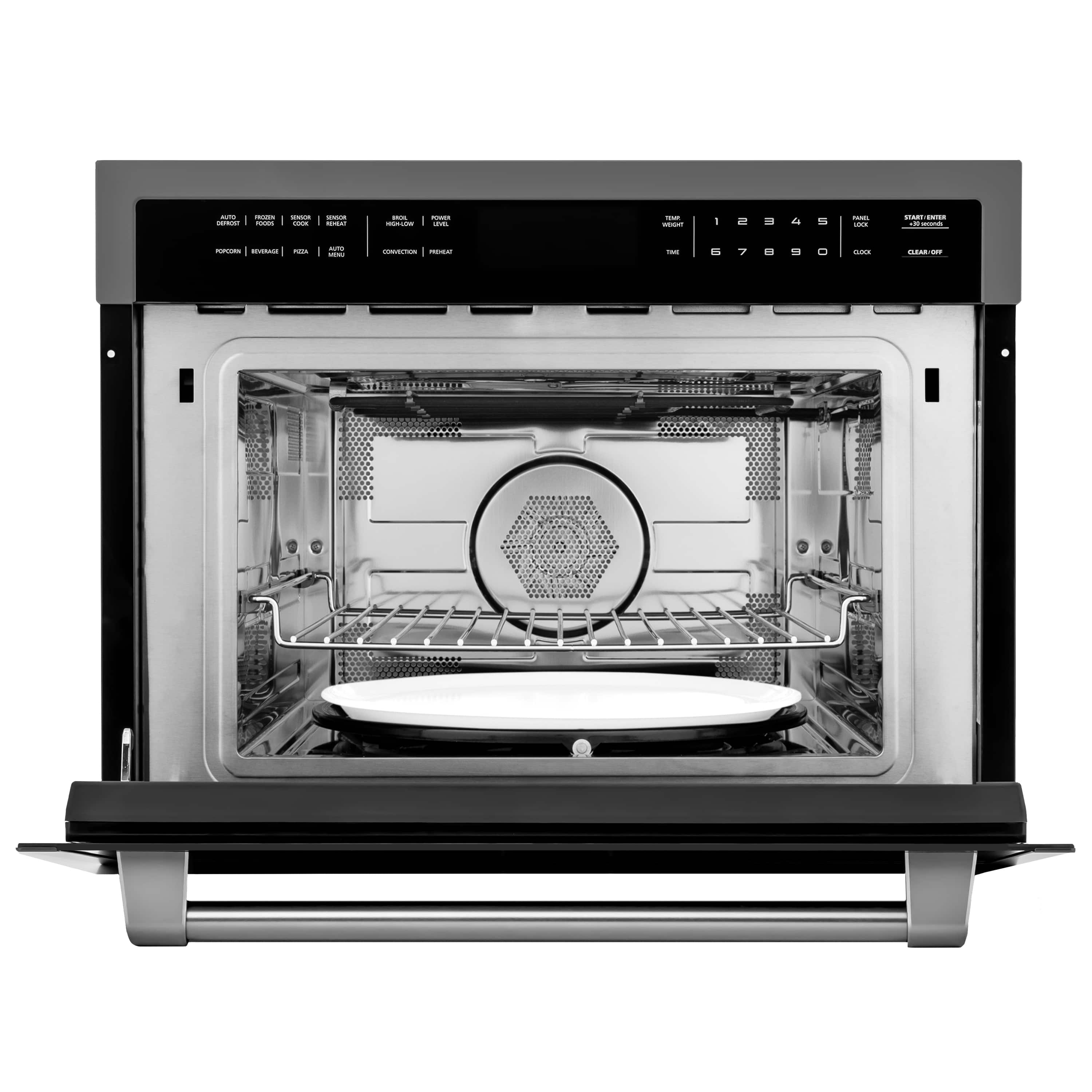 Black stainless steel microwave oven interior with turntable and wire rack