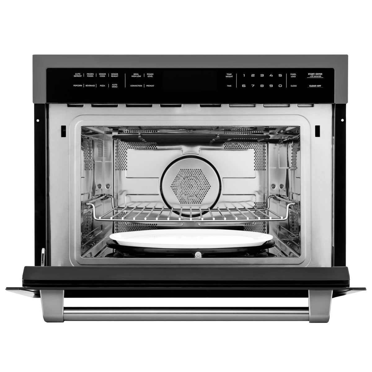 Black stainless microwave oven door open, turntable plate on metal rack