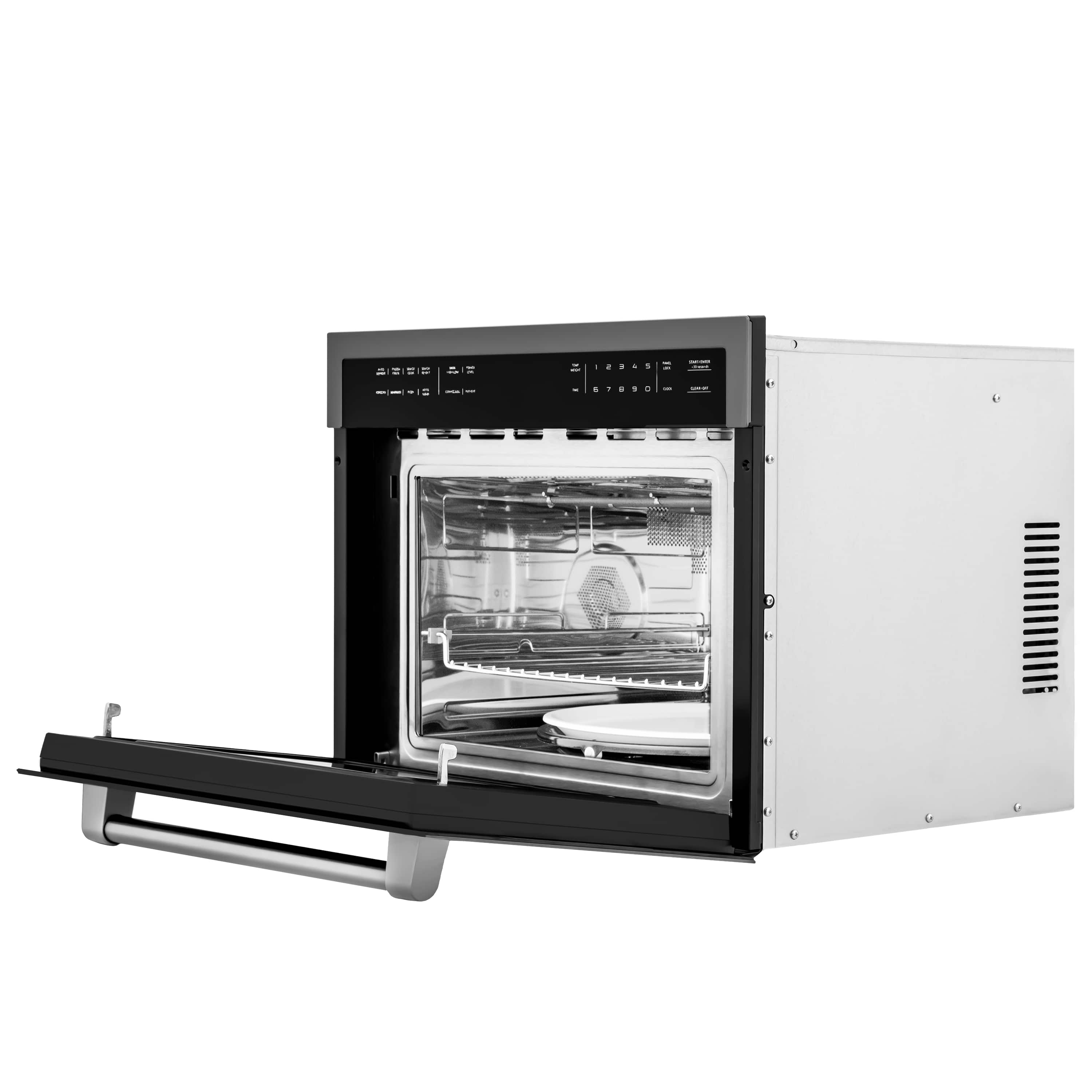 Black stainless microwave oven door open with interior cavity and racks